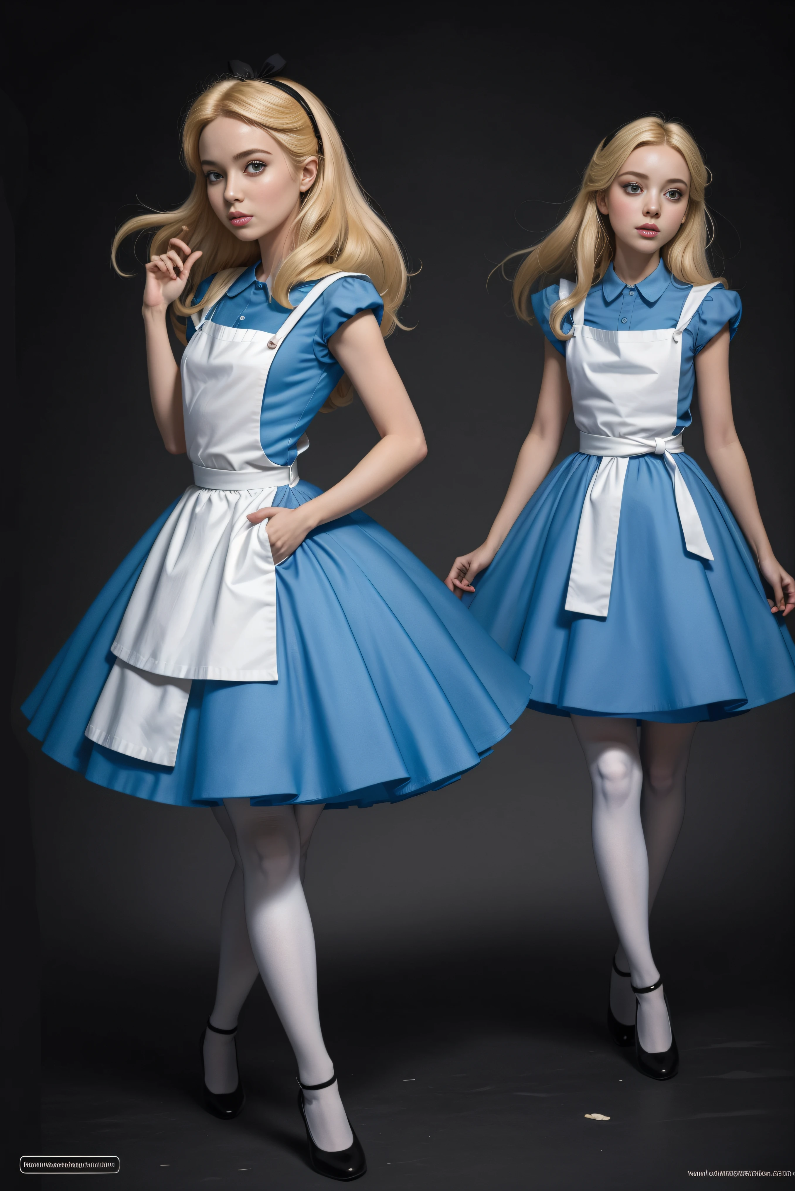 masterpiece, 1girl, solo, a cute Alice in Wonderland with blonde hair, powder blue dress with white apron, (white stockings), dynamic, ultra high def, 32k, (perfect anatomy:1.5), perfect legs, in the style of Artgerm and Adam Hughes, perfect arms,