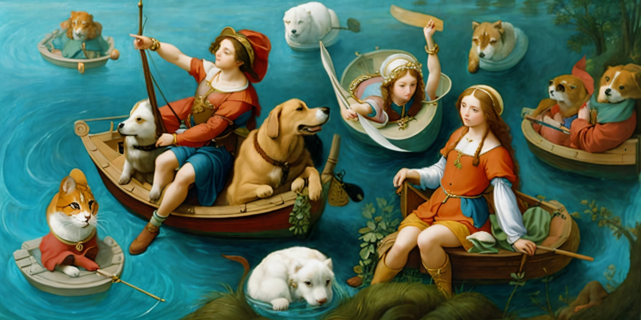 SeaArt.ai always the same dumb themes, painting of a group of people in a boat with animals, in renaissance style, in a high renaissance style, in a renaissance style, renaissance painting”, inspired by Piero di Cosimo, renaissance painting style, renaissance artwork, in style of hieronymus bosch, inspired by Lorenzo Lotto, renaissance painting', surreal and fantasy art, renaissance!!! painting!!!, renaissance style painting