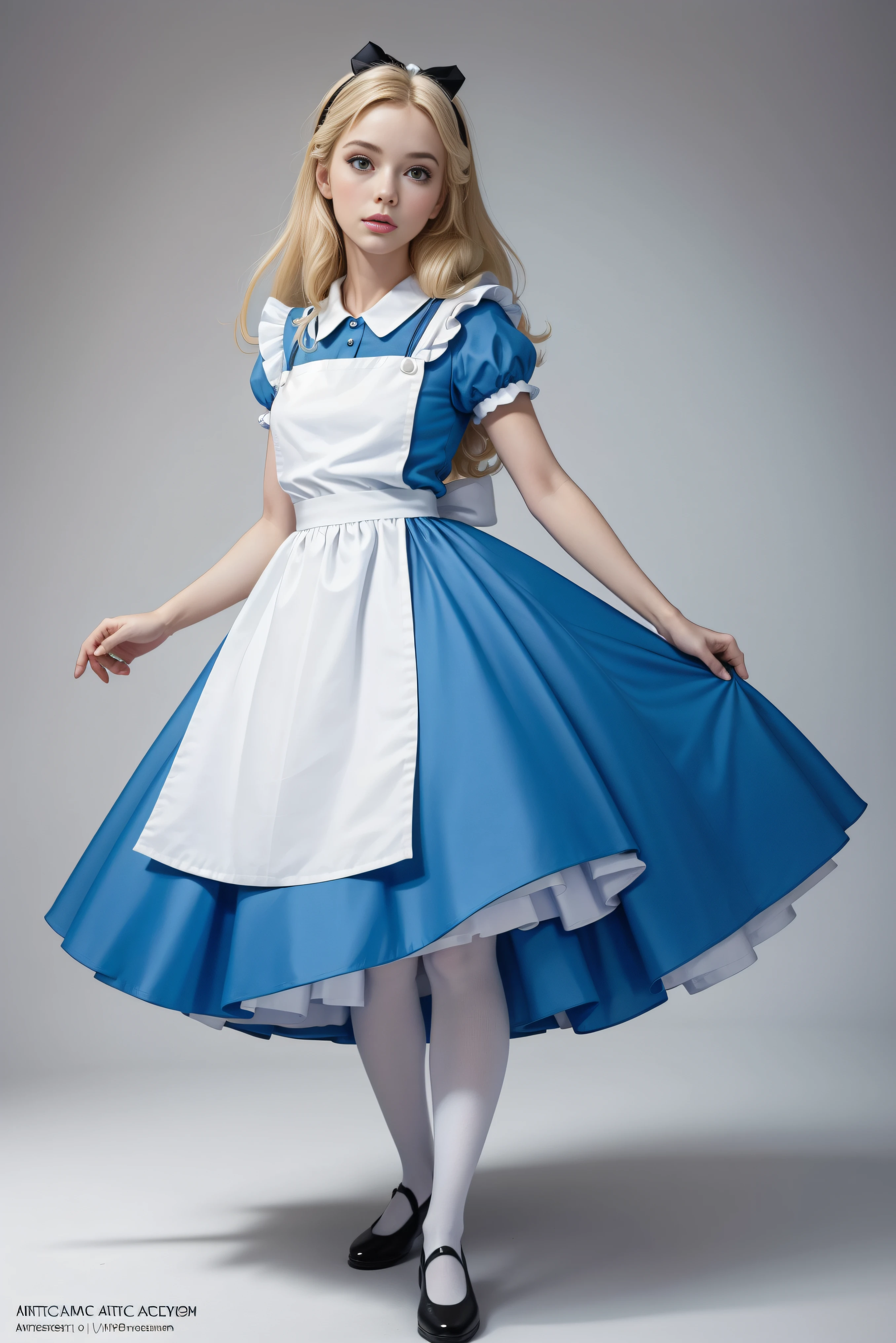 masterpiece, 1girl, solo, make her a cute Alice in Wonderland with blonde hair, powder blue dress with white apron, tall white stockings, dynamic, ultra high def, 32k, (perfect anatomy:1.5), perfect legs, in the style of Artgerm and Adam Hughes, perfect arms