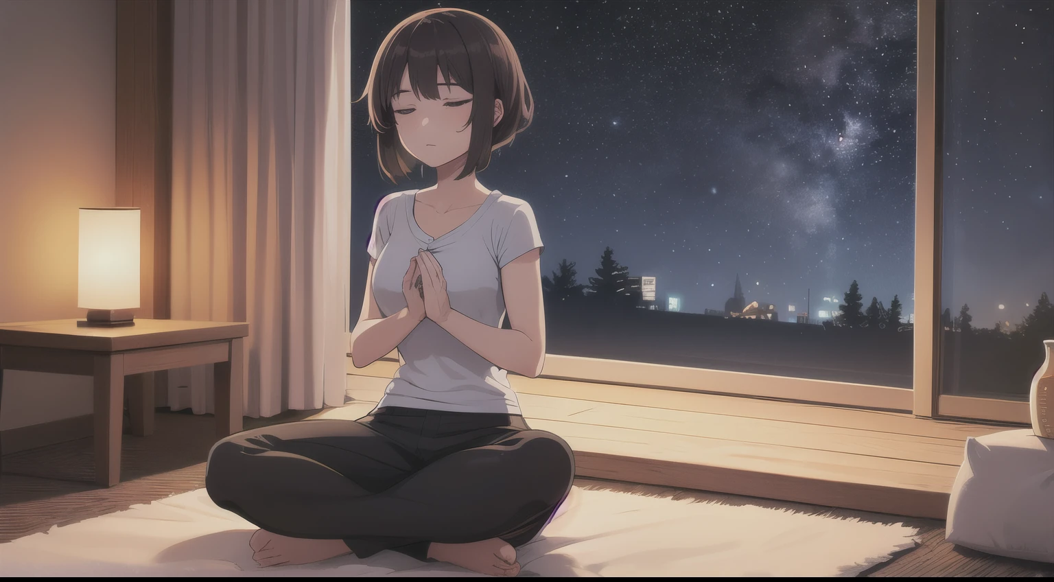 A girl meditating, night, dark sky