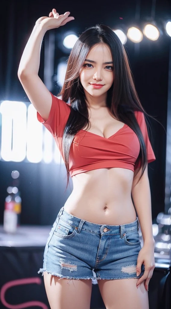 Beautiful girl with long hair, large boobs, Sharp eyes, pretty smile, gorgeous face, slim, small waist, flat stomach, Small thighs, elongated legs, tight short jeans skirt, Tight short-sleeved t-shirt, Sexy Gestures, Red high heels, stage backdrop