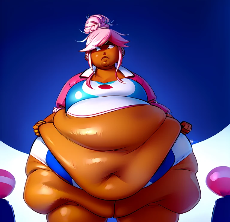 Illustration of a ((Handsome))Anime fat Femboy with a big belly , fat man, extremely face face, ((Dark skin:1.5)), (barely Mobile:1.4),(( insanely inflated hips:1.6)),((fat thig)), ((fat butt:1.6 )),( big balloon stomach:1.5), (proportionally fat arms and leg)), (( bottom heavy)) ,background ( on stage at a concert), expression ( seduce, eyelids lowered, smile)(anime boy )), (((Tan skin))),(( Red eyeulticolored hair),((long,white  hair with pink streaks )),(( hair Styled into a Bun and braided ponytail )) , ((white half jacket)) ((Skimpy white shorts)) , ((pink Crop top)),(evil aura)),((solo)) anime artstyle, anime art style, unknown artstyle, aura, accurate, 2 d anime style, , high quality anime artstyle, yandere((masterpiece, High aesthetic, high quality)),WeightObese