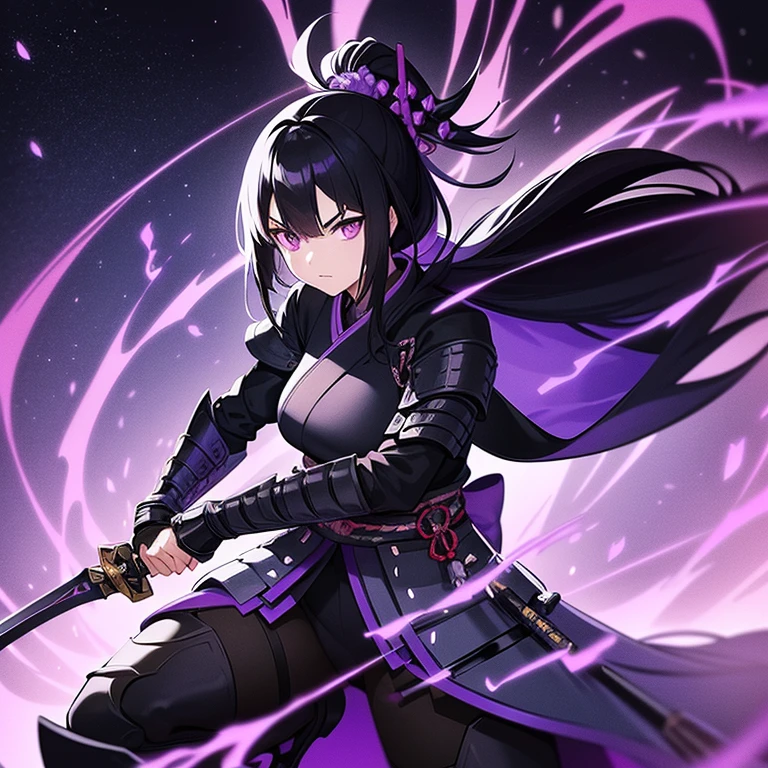 One Tall female samurai with black hair and purple eyes wearing black and blue armor holding a sword in her right hand and a sword in her left hand staring menacingly in a village with purple lighting in the background