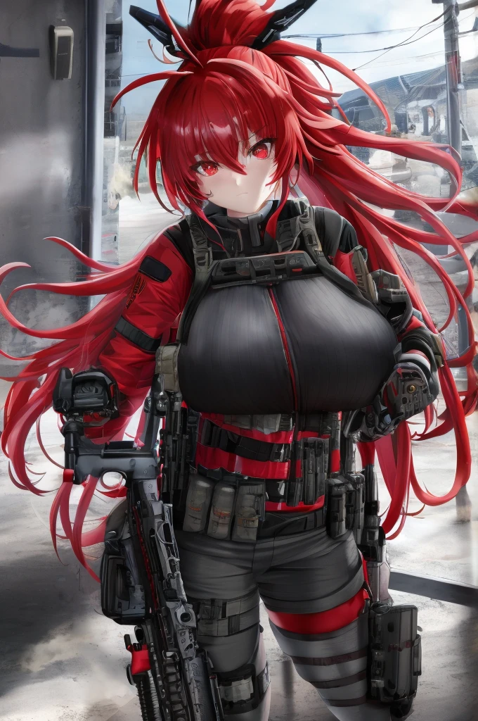 (best quality:1.3), (masterpiece:1.3), (illustration:1.3), (ultra-detailed:1.3), 1girl, solo, verapgr rozen, shoulder armor, hairband, red hair, red eyes, (((military uniform, thigh straps, tactical gear))), large breasts, evil, evil smile, serious expression, standing, (((black coat, skirt, military, long hair, ponytail, voluptuous, pouches, thigh-high boots, soldiers))),