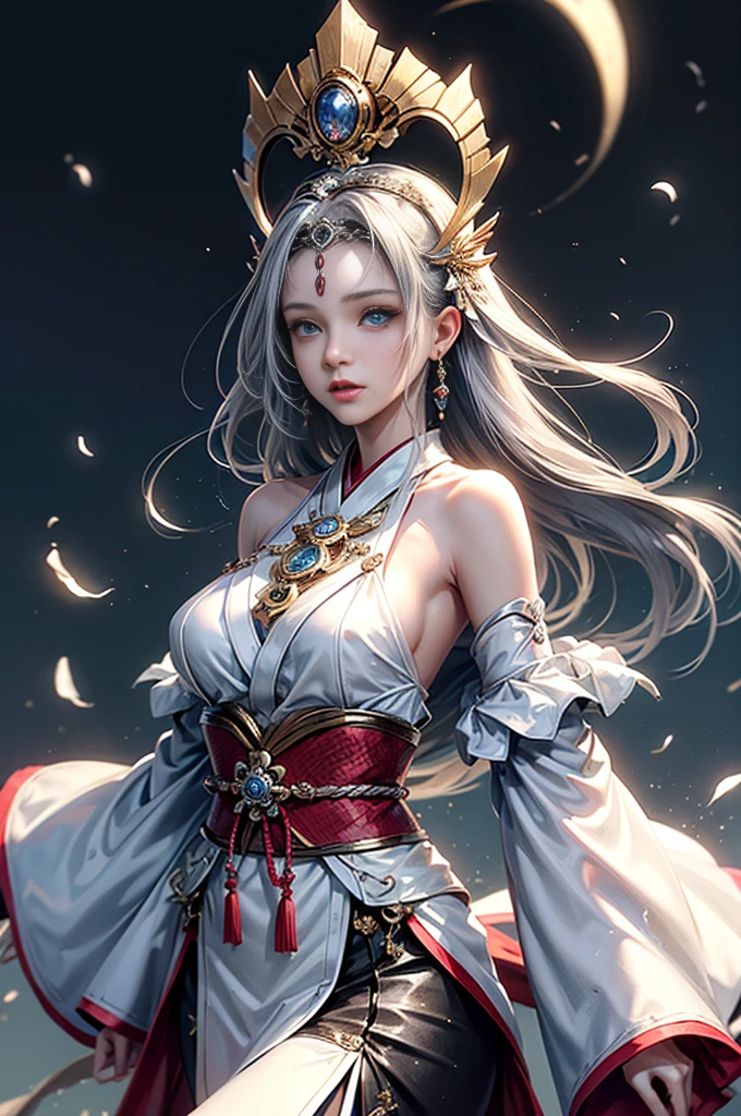 (Photoreal Stick:1.4, masutepiece:1..3, 8K), top-quality, masterpiece, 超A high resolution, Perfect dynamic composition, Professional camera work, Grow Light Effect, Mystical portrait, Cinematic Light, Highly detailed skin and facial texture:1.3, The ultra-detailliert, A detailed eye, (Shining metal objects floating in the air and surrounding her.:1.3), (myterious:1.3, Fanciful:1.2, tradition:1.2, majestueux:1.2), 1girl in, 25-years old, cute sexy slim female god, Fair skin, (Enraptured look:0.9, Totally captivates you:1.0), (silver japanese kimono:1.3 off shoulder), (voluptuous breasts:0.9), (Backshots, Calm pose), (Beautiful blue eyes, Eyes that feel beautiful eros:0.85), Sexy face:0.4, (A mouthfeel that feels beautiful eros:0.85), ((Too cute beauty:0.9))