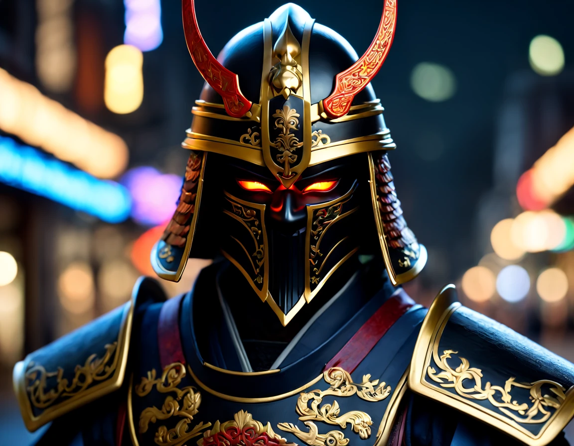 Felipe Ain als Samurai, Schwertdekoration, black armor, schattenhaft, Samurai Helm, best qulaity, brutality, langes schwarzes Haar, Heterochrome Augen, Heterochrome Augen, heterochrome Pupillen, 8k resolution, sehr detailliert, anatomisch korrekt, Digitale Malerei, Fangzahn,  raytracing, image fill, Reflexionslicht, Depth of field, 8K, Super detailliert, accurate, Lichtklinge, Neonreklamen, gloomy city,