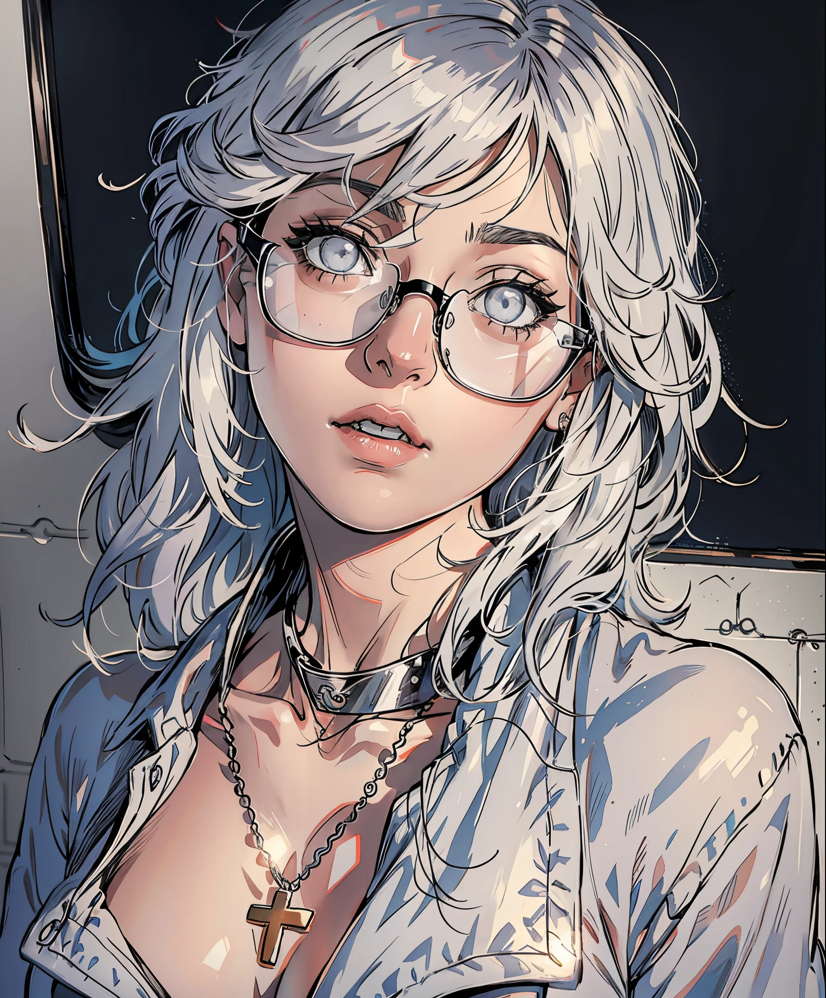 Hinata Hyuga with glasses and a necklace and necklace with a cross, white glasses, menina perfeita de cabelos brancos, with square glasses, With eye Glasses, linda Delphine, menina cabelo prateado, Transparent glasses, messy wavy white hair, flowy white grey hair, wearing square glasses, glasses, menina do cabelo prateado, cor do cabelo branco, cabelos brancos prateados, nerdy glasses, usando cabelos prateados