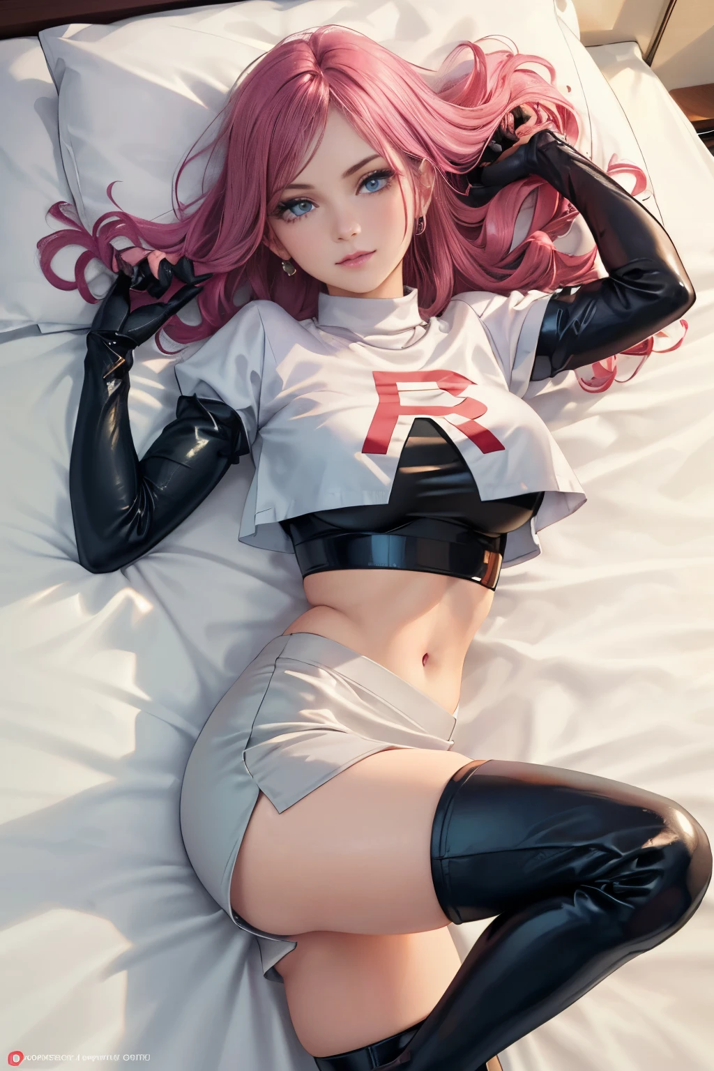 Jessie (Pokemon)，Being in a hotel，(Lying on her back in bed:1.4)，(Open your legs:1.4)，(Legs are lifted :1.5)，(Top-down view)，
（（（tmasterpiece）））， （（best qualtiy））， （（intricately details））， （（ultra-realistic realism））， Ridiculous res， team rocket，Jessie， see-through， highly  detailed， illustratio， 1 girl， （（Large breasts））， (Pink areola)，perfect hand， detailed finger， Beautiful detailed eyes， Wavy curly hair， with brown eye， name badge， vd， （Team Rocket uniform：1.2）， (white crop top)，(The breasts leak all out of the clothes), a white mimi skirt, black chocker, black elbow gloves, black thigh boots, detailedbackground， Bedrooms， perfect  eyes， Seductive eye，Cocked buttocks，Reddened face，(cute:1.2)，seductive eyes