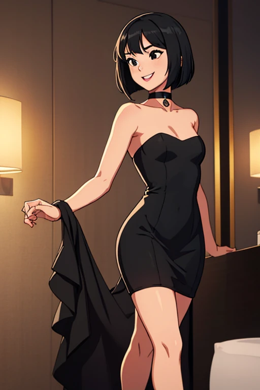 1 girl, teenage, black hair, short black hair, medium hair, bob hair, black eyes, little black dress, strapless dress, short bodycon dress, skin-tight dress, smile, black choker, fancy hotel, sexy, masterpiece, high quality, walking.