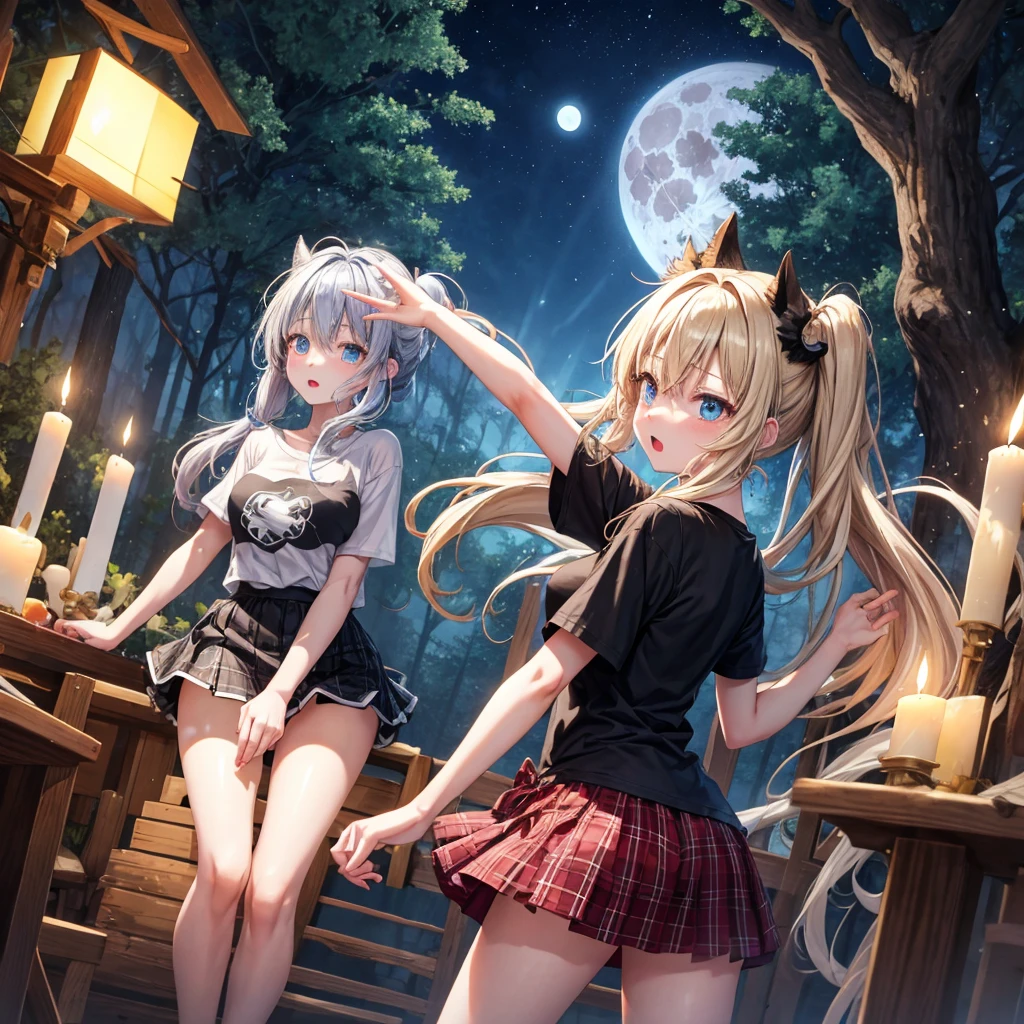blue blonde、poneyTail、verd s eyes、one good looking girl、独奏、animesque、Plaid miniskirt、wetting hair、a black T-shirt、rotting wood、fullmoon、Sea of trees、candle fire、Meteor swarm、starrysky、Dancing、are flying