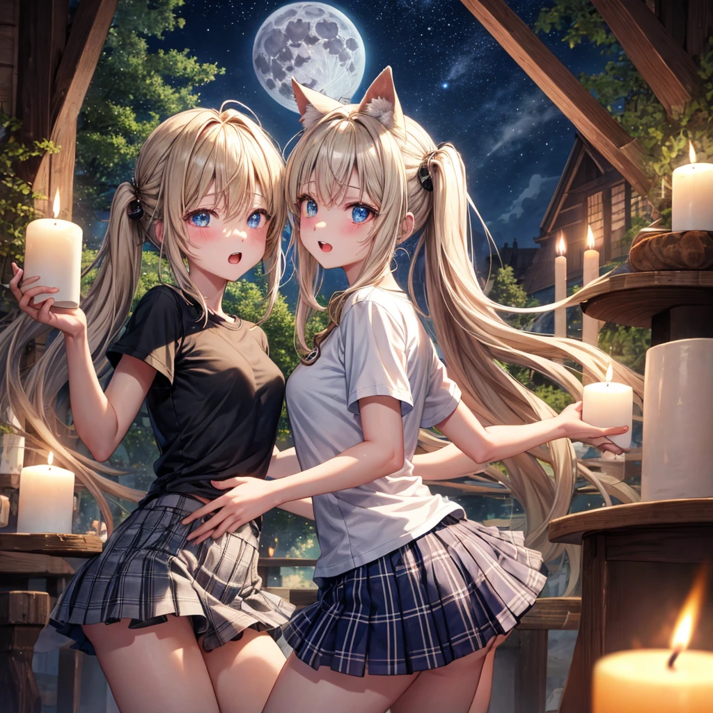 blue blonde、poneyTail、verd s eyes、one good looking girl、独奏、animesque、Plaid miniskirt、wetting hair、a black T-shirt、rotting wood、fullmoon、Sea of trees、candle fire、Meteor swarm、starrysky、Dancing、are flying