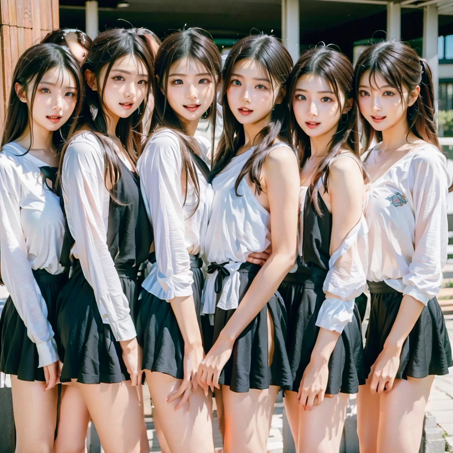 Raw photo、(((multiple girls))),((((6+girls)))),((((10girls))))、((((10 girls))))、Women only、The same face、matching school uniform、6 years old、Long black hair、10 cute girls going to school、a smile、Commuting to school、elementary student、((School route))、selfee、same person、In the street