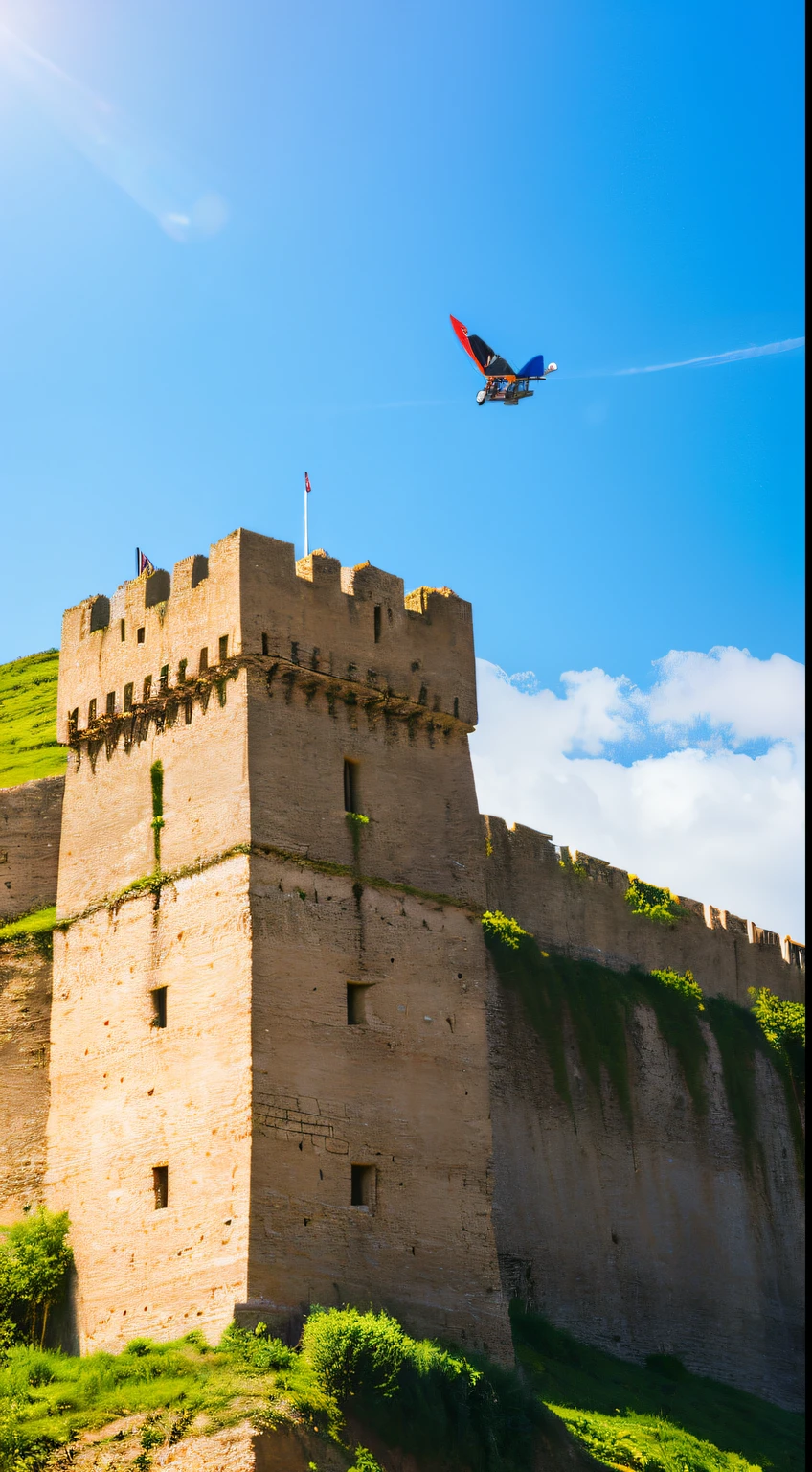 high-definition picture，masutepiece, Realistic realization, ((built in a remote location、Huge military fortress made of stone pyramids)),  Pale blue sky, Sunlight, Nature, (mountainscape),  (A girl in a white swimsuit and red coat is standing in the distance and walking towards the castle), medium length chestnut hair, Egypt, (Blue comet flying over the fortress)　a scene from a movie,