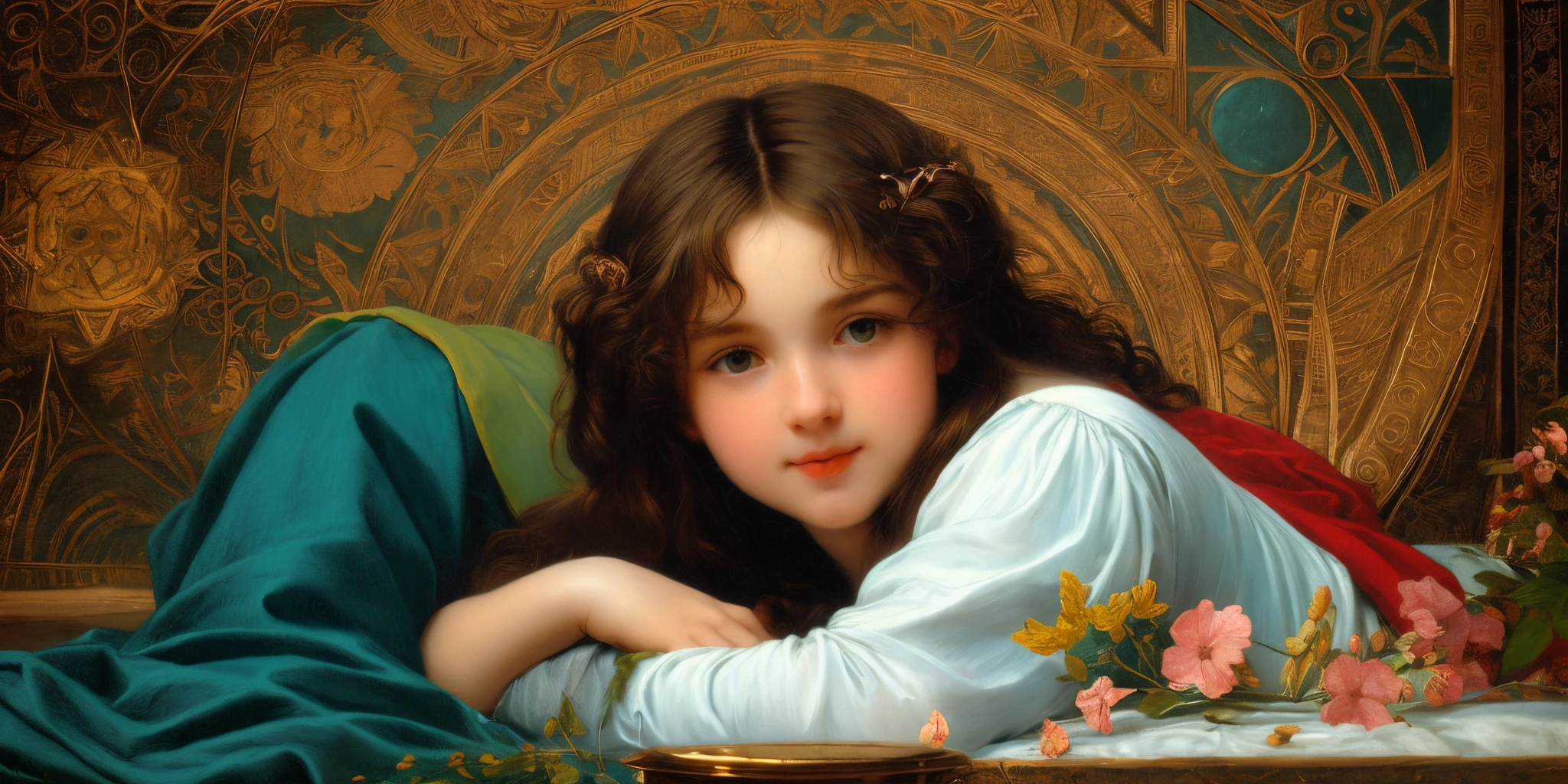 painting of a young girl laying on a bed with a green blanket, by Alexandre Cabanel, rossetti bouguereau, art of edouard bisson, inspired by Alexandre Cabanel, mucha style 4k, renaissance digital painting, inspired by Pierre Auguste Cot, albert lynch, pre-raphaelite oil painting, hyperrealistic art nouveau