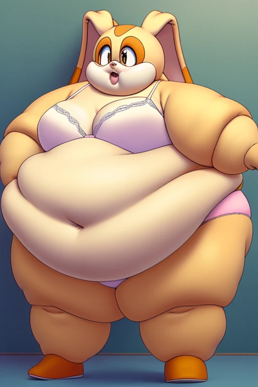 Cream the rabbit, , 8 year old girl, (morbidly obese), (very fat face), (double chin), huge belly, wide hips, huge butt, white bra and panties