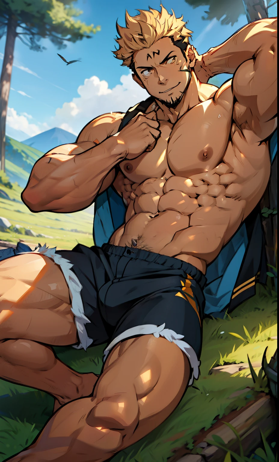 (canto da foto de baixo para cima) (imagem da mais alta qualidade) Lion man ,real, jovem, foco masculino, vestindo shorts, imagem de anime, lying on the grass , pernas bem abertas, sexy face, rosto atraente, cabelo subcortado, huge muscle muscles of the chest, anime wallpaper, exibindo seus musculos, large strong thigh muscles, Biceps Sinewy muscles, virilha marcando, Big chest, corpo tonificado devido ao treinamento intenso, Well-developed muscles, abdomen trincado, ABS transparente de 8 embalagens, 3 metros de altura, topless, abrindo bem as pernas, pele brilhante, rede de suor pingando, hands on thighs, bare feet, Sem barba