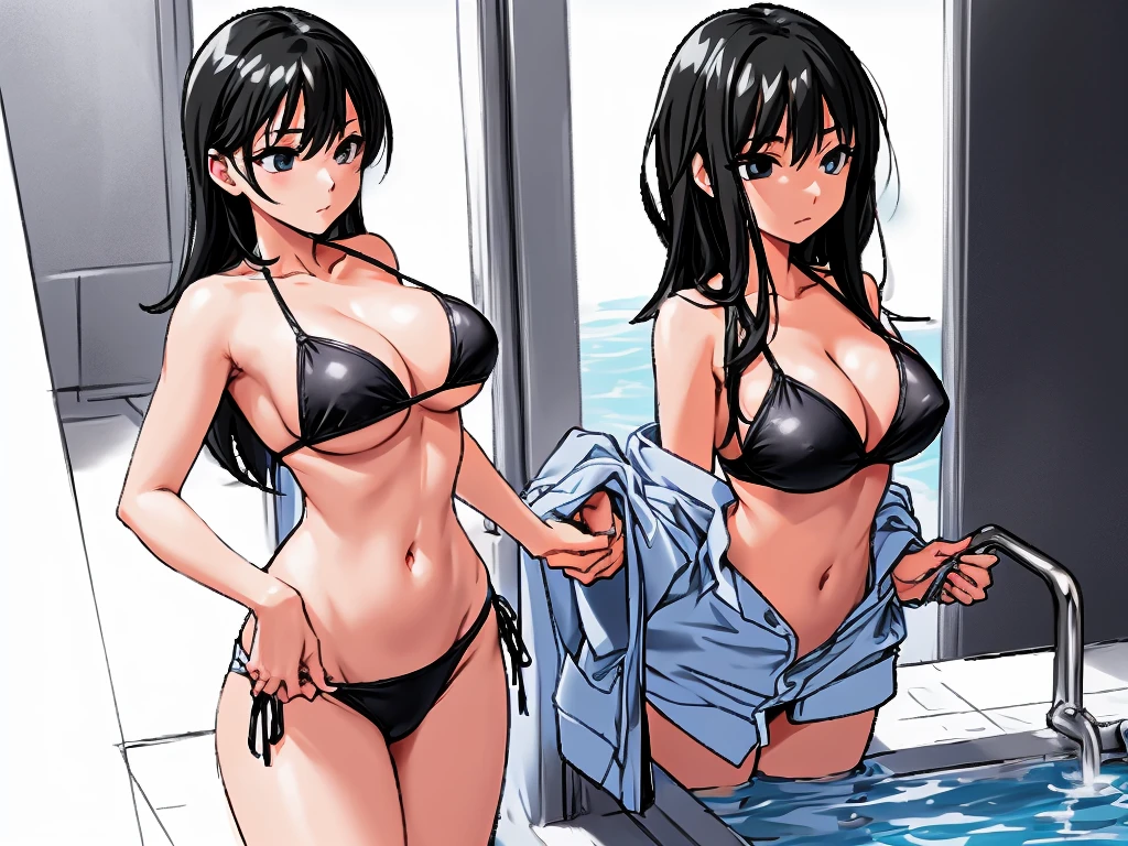 A woman with black hair and big breasts is standing in the hallway of a heated pool in a blue bikini。