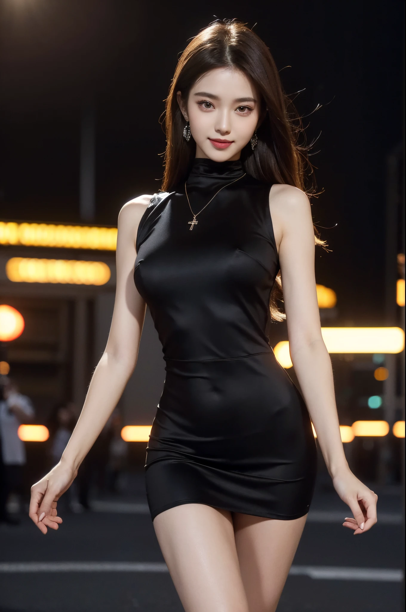8k, masterpiece, RAW photo, best quality, photorealistic, extremely detailed CG unity 8k wallpaper, Depth of field, Cinematic Light, Lens Flare, Ray tracing, (extremely beautiful face, beautiful lips, beautiful eyes), intricate detail face, (ultra detailed skin) 1 girl, in the dark, deep shadow, pretty korean girl, K-pop idol, 1 girl, (very slim slender fit-muscled body:1.3), (looking at viewer)), (big smile:1.3), (fashion city night, dark night, (neon sign), (blurred background), fashion street night), (without people in the background:1.3), beautiful earrings, bracelets, necklace, pantyhose, clear eyes, walking, (pale skin), (big eyeace forward, (brown hairull body shot), (silk black, red color dress:1.3), (tight fitting dress)), (laced dress)), (looking at viewer:1.3) open breast, very slim, medium breasts, ass focus, brow front, (tight dress), (ultra mini skirt), medium butts