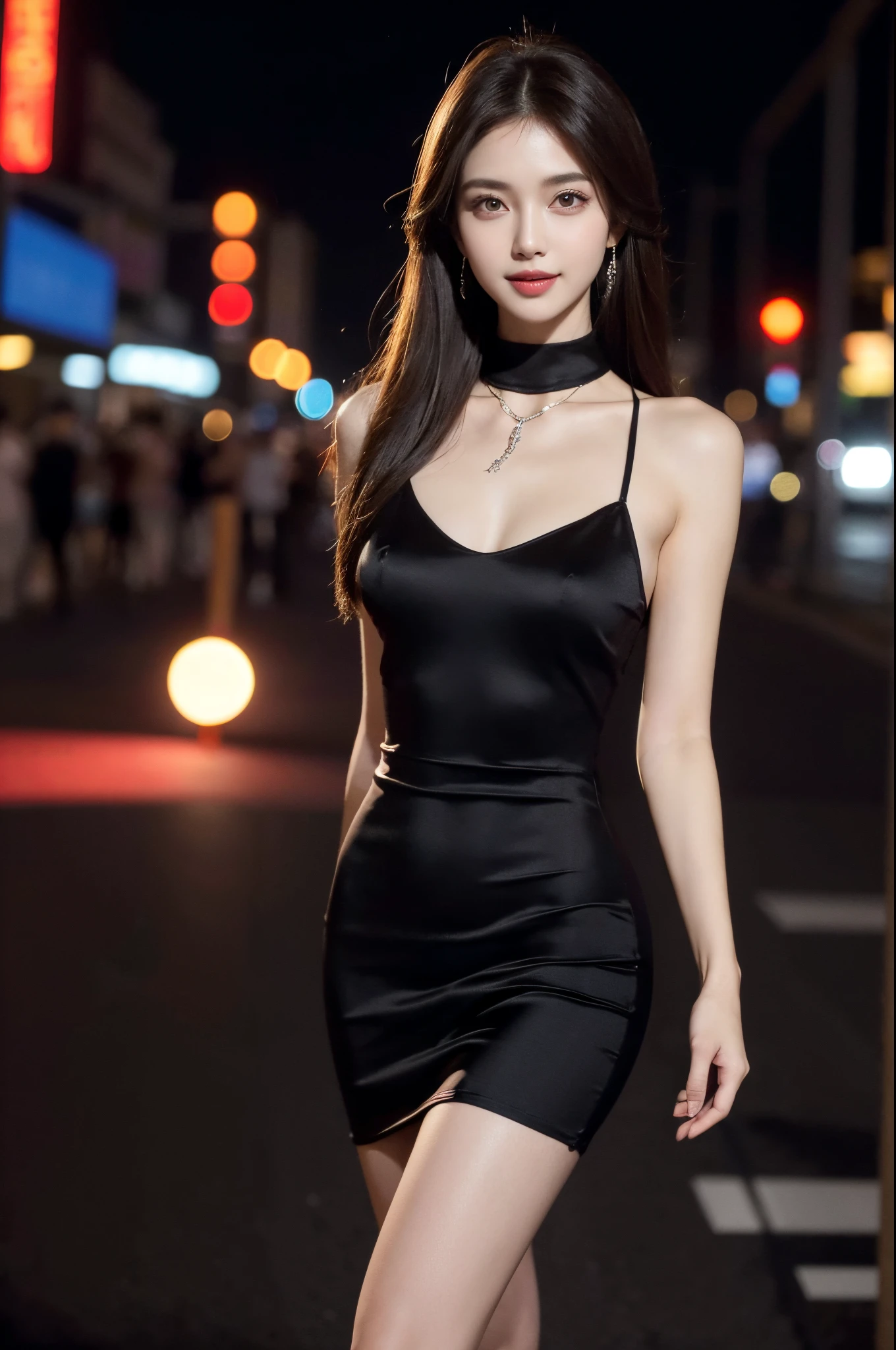 8k, masterpiece, RAW photo, best quality, photorealistic, extremely detailed CG unity 8k wallpaper, Depth of field, Cinematic Light, Lens Flare, Ray tracing, (extremely beautiful face, beautiful lips, beautiful eyes), intricate detail face, (ultra detailed skin) 1 girl, in the dark, deep shadow, pretty korean girl, K-pop idol, 1 girl, (very slim slender fit-muscled body:1.3), (looking at viewer)), (big smile:1.3), (fashion city night, dark night, (neon sign), (blurred background), fashion street night), (without people in the background:1.3), beautiful earrings, bracelets, necklace, pantyhose, clear eyes, walking, (pale skin), (big eyeace forward, (brown hairull body shot), (silk black, red color dress:1.3), (tight fitting dress)), (laced dress)), (looking at viewer:1.3) open breast, very slim, medium breasts, ass focus, brow front, (tight dress), (ultra mini skirt), medium butts