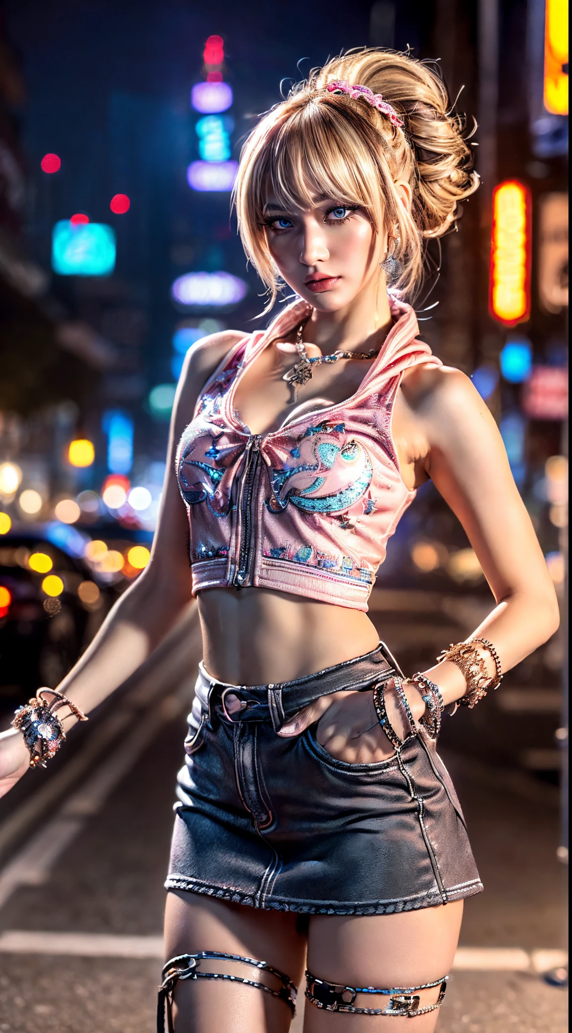 (Ultra-detailed eyes), (((textile shading))), (((Best Quality))), (((materpiece))), (((Ultra-detailed CG))), sassy girl, (((magical ))), (Petite), (tiny chest), blonde caramel hair with bangs ((thrill ride hairstyle, gorgeous hair)), Pink eyes, (((thrill ride outfit, thrill ride fashion, y2k))), Hollywood Babylon-print Hoodie, Multicolor Polyester Mini Skirt, ((striking a pose)), (((Game CG)) (gorgeous, sassy, it girl), fancy jewelry, on a illegal street racing, night skyline in background,  atmosphere,4K, strong illegal street racing atmosphere, cowboy shot, midshot, centered image, eye on camera, daylight, closed outfit, no nude, no nude, upper image