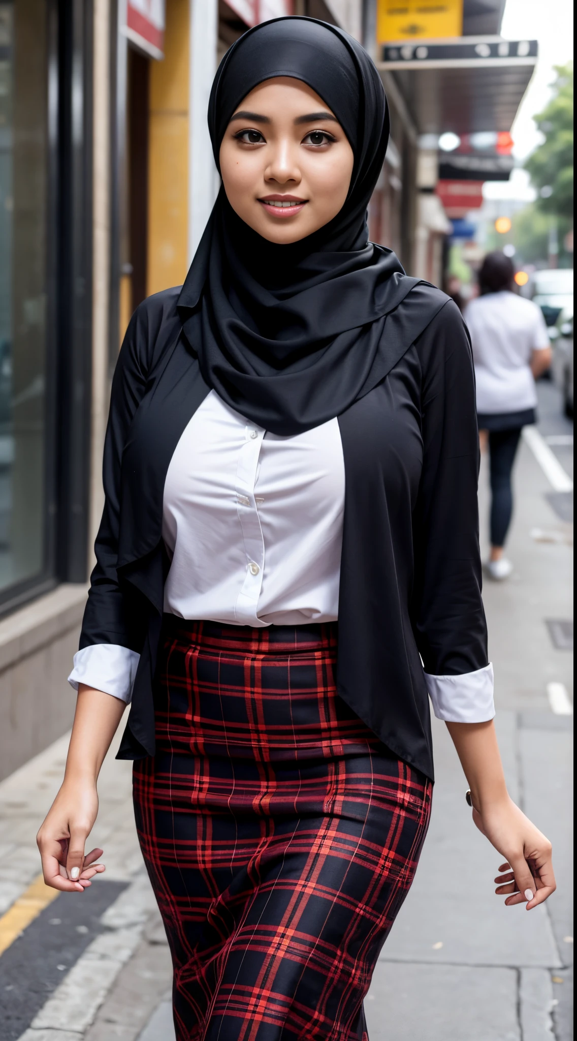 RAW, (Best quality, high resolution, masterpiece: 1.3, beautiful Malay woman in hijab: 0.8),((big breast)), (Close up),beutiful face, perfect body, big gorgeous eyes, smiling,wearing woman in a plaid shirt turkneck and long black skirt walking down a street, hijab, lovely woman, handsome girl, traditional beauty, white hijab, with beautiful exotic, malaysian, very beautiful girl, background blur