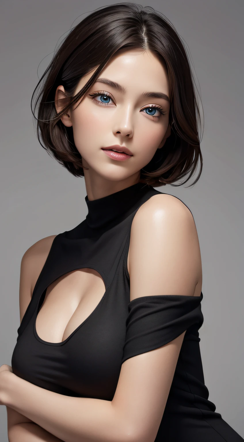 Skin Tight Black Top:1.2, Looking at Viewer, Cinematic lighting, Perfect, softlight, High resolution skin:1.2, Realistic skin texture, 30 years old mature woman、a small face、no-makeup、, off shoulders,Bust B Cup、 Exposed cleavage, Blue eyes, Short hair, dark brown hair、fullnude、Gray background、