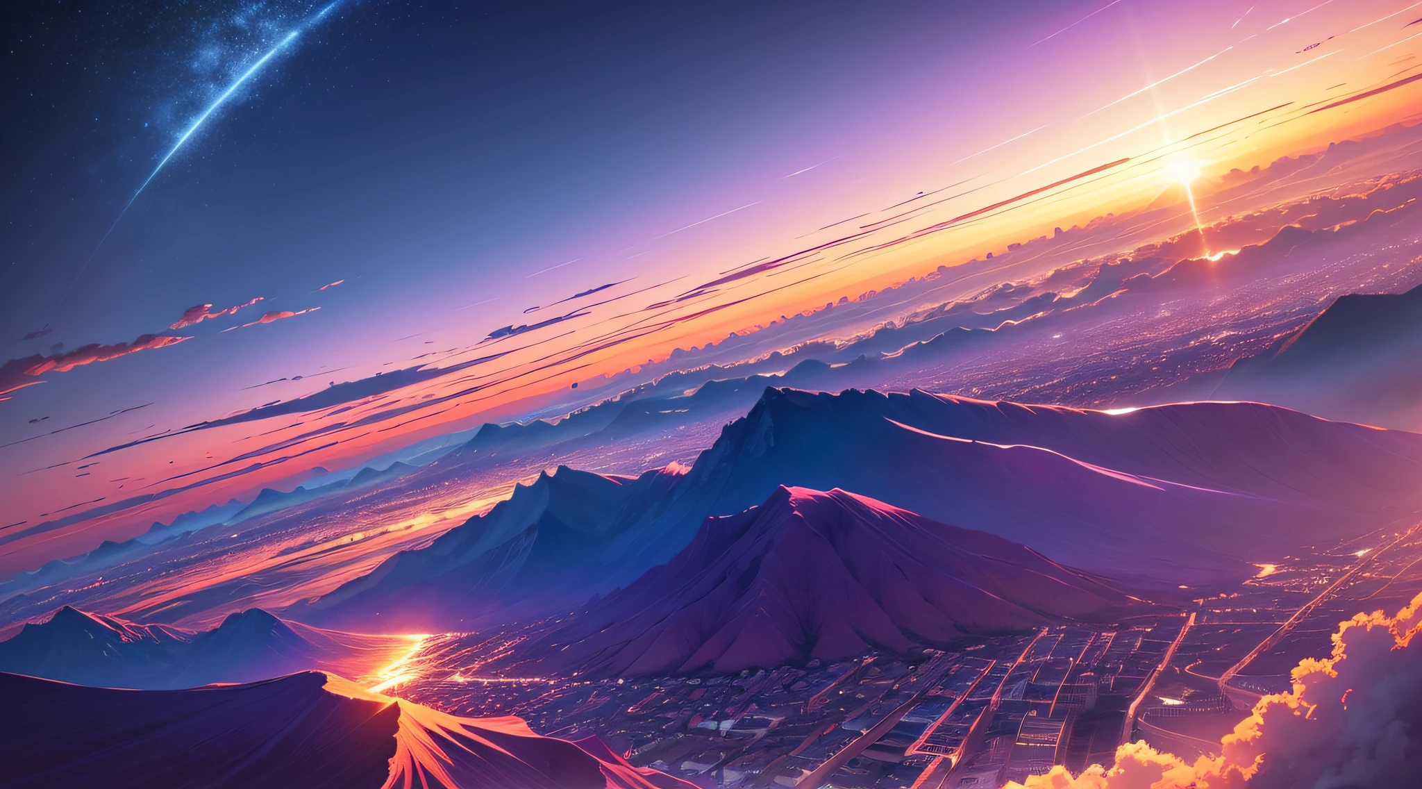 ((skyscapers)) masutepiece, Best Quality, ultra-detailliert, hight resolution, wide angles ,blue tone, Beautiful gradation from pink to purple-blue, Like being sucked in the setting sun the golden hour Magic Hour