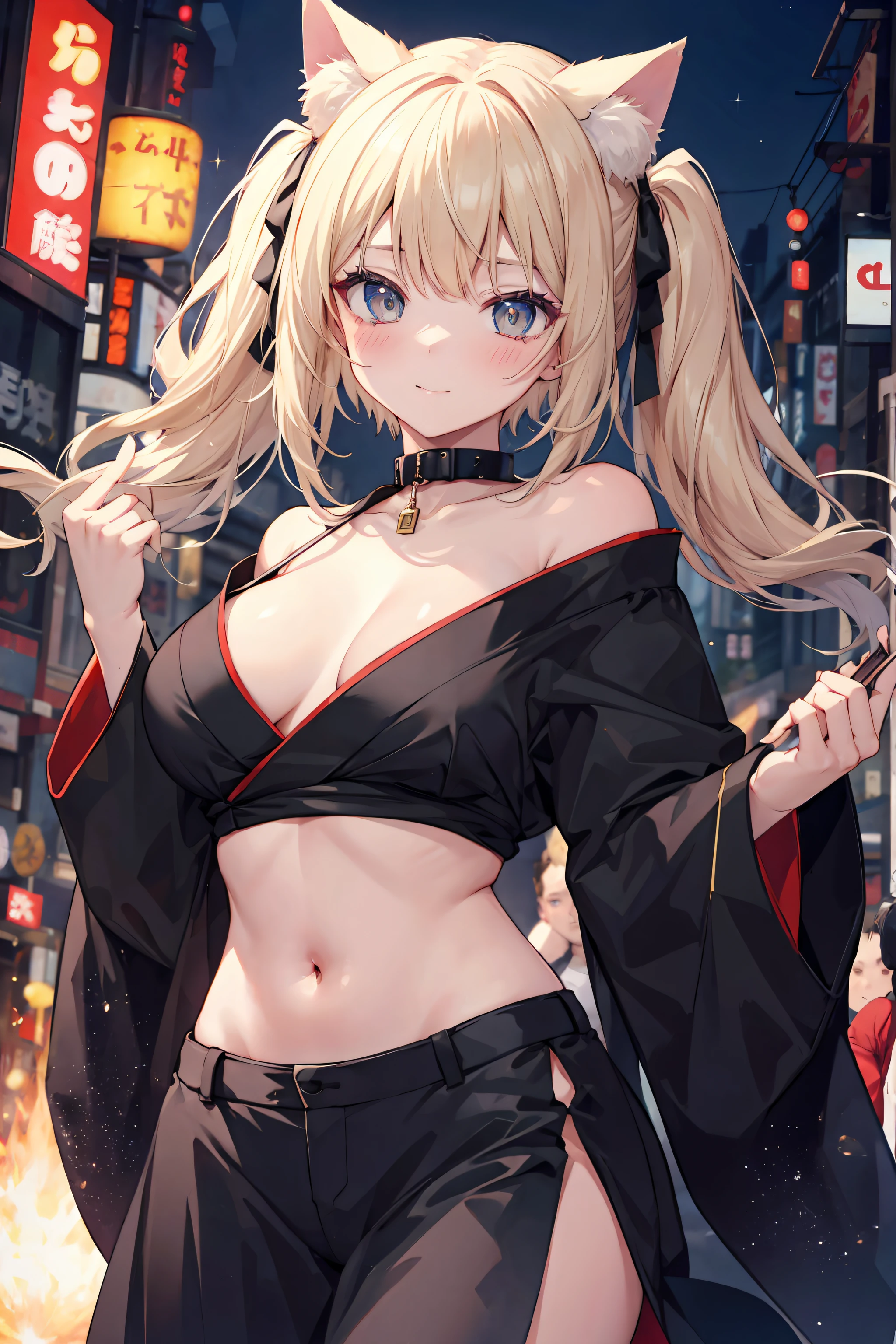 cheveux blonds, collier pour chat noir, yeux qui étincellent de flammes, seins, Nombril, rue japonaise tokyo, regarder le ciel, premiere vue sur le terrain, Twintails, lunettes de soleil, amber eyes, animal ears, sourire, Embarrassed, rougir, tear, High detail, Anime, romantisme, scintiller, silhouette, profondeur de champ, UHD, retina, Masterpiece, ccurate, anatomiquement correct, textured skin, super detail, High Details, award winning, Best quality, high resolucion, High quality, 16k