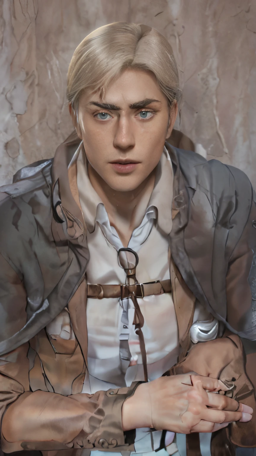 (masterpiece), (realistic), (ultra detailed), ( high reest quality), photo realistic, erwin smith from attack on titan, character with white hair and a brown jacket, wearing grey robe, portrait of erwin smith, from attack on titan, (attack on titans), handsome, inspired by Armin Hansen, male character, man, solo, detailed hair, detailed jacket, detailed face, detailed hair, detailed body, detailed eyes, detailed hand, realistic face, realistic hair, realistic eyes, detailed robe