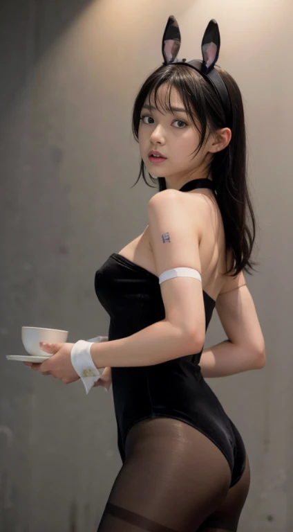 (8K, RAW Photos, of the highest quality, Masterpieces), High detail RAW color photo professional photograph, (Realistic, Photorealism: 1.37), (Highest Quality), (Best of darkest illustrations), ((captured from behind:1.4))、((Shot from below:1.4))、((Cute, Beautiful, Ultra High Resolution, High Definition CG Unified 8K Denden Wallpaper, Physically Based Rendering, Movie Lighting), analog style, Elegant, grateful, UHD 8K, Digital SLR, FujifilmXT3, Vibrant, Candid, Dramatic immersive sunset, (Detailed face, Skin Texture), Film grain, Natural light, looking in camera,(Idol face), (1 japanese girl),((a photo of girl, 16 yo)), ((long:1.4)),((black linen velvet bunny earbands:1.4))、((linen velvet strapless leotard:1.4)), ((Black, rough mesh pantyhose:1.4))、((black wrist cuffs:1.4)),(thick thighs), ((Looking at Viewer:1.1)),((Cowboy Shot)),so sexy, Very beautiful, very very kawaii, ((work as a waiter in a club:1.4)), wakame、((terrified expression:1.4))、