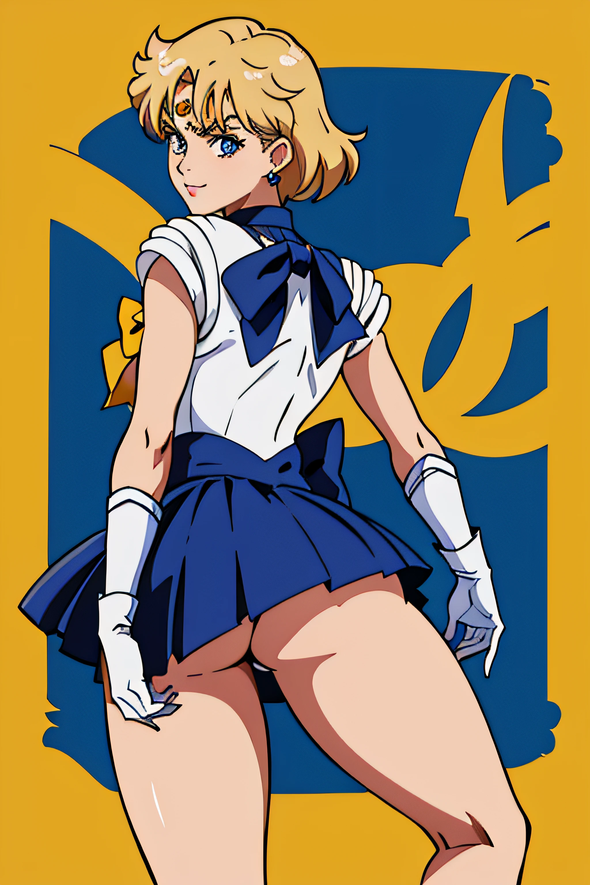 (La mejor calidad:1.1), (Obra maestra:1.4), (absurdos:1.0), retrato, primer plano,1girl, Marinero Urano, KizukiAi, Mujer madura, small breasts, aqua eyes, cabello rubio, Uniforme Sailor Senshi, Collar de marinero, (They are smiling) arco de pecho, Arco trasero, Falda suplicante, Guantes blancos de codo, big booty, Ultra minifalda , jewely, Pendientes,, en postura de espalda, Show off your loot, Backwards, No hay tanga Big Booty, Ultra minifalda ( Postura de la espalda, Backwards, Show off your loot)