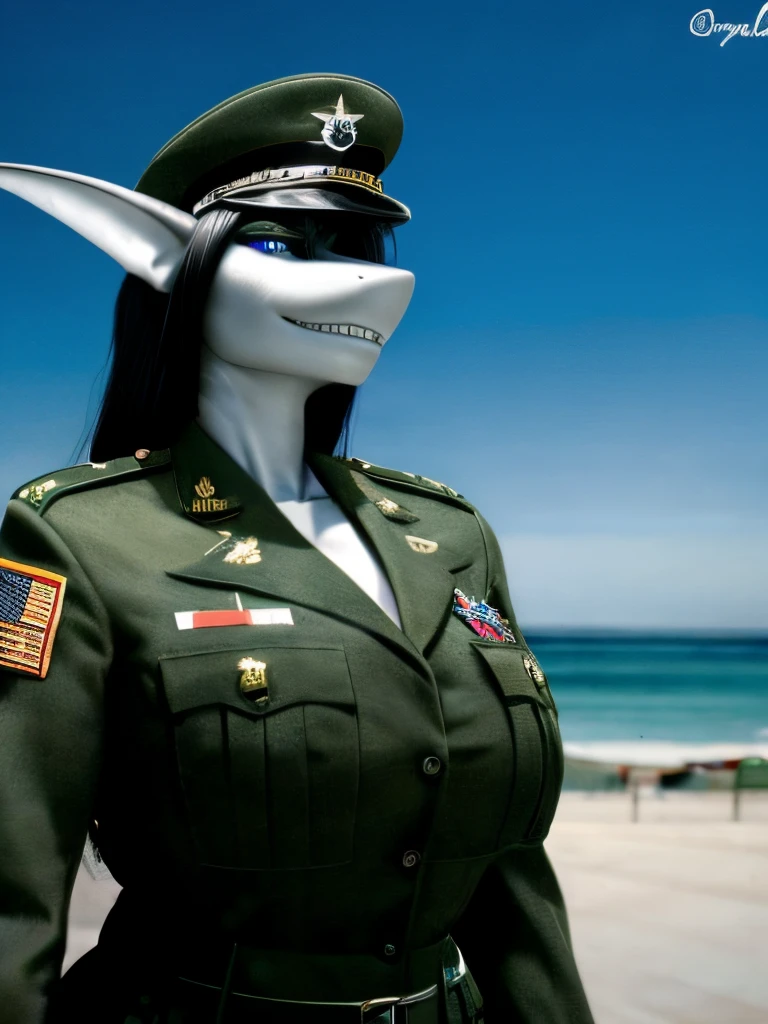 Female Shark anthro, black tatical military uniform