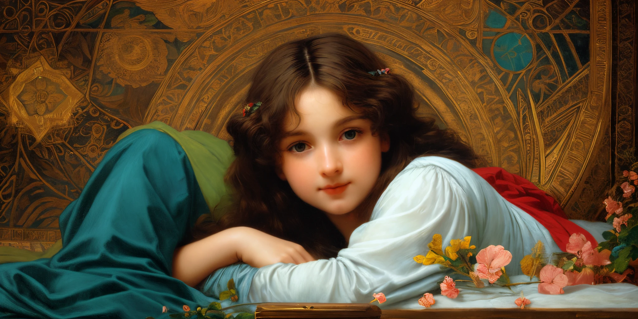 painting of a young girl laying on a bed with a green blanket, by Alexandre Cabanel, rossetti bouguereau, art of edouard bisson, inspired by Alexandre Cabanel, mucha style 4k, renaissance digital painting, inspired by Pierre Auguste Cot, albert lynch, pre-raphaelite oil painting, hyperrealistic art nouveau