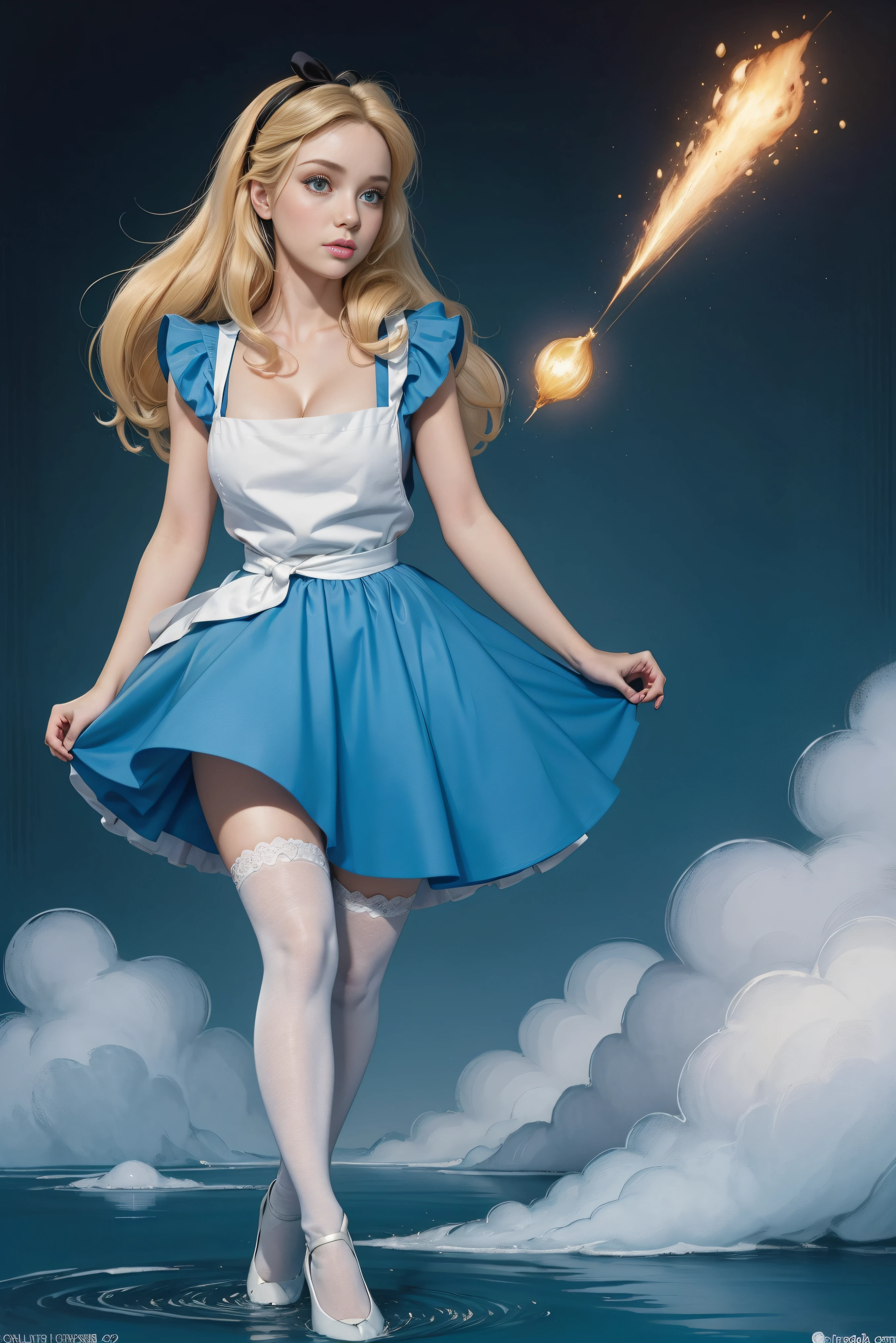 masterpiece, 1girl, solo, a cute Alice in Wonderland with blonde hair, powder blue dress with white apron, white stockings, cleavage, dynamic, ultra high def, 32k, (perfect anatomy:1.5), perfect legs, in the style of Artgerm and Adam Hughes, perfect arms,