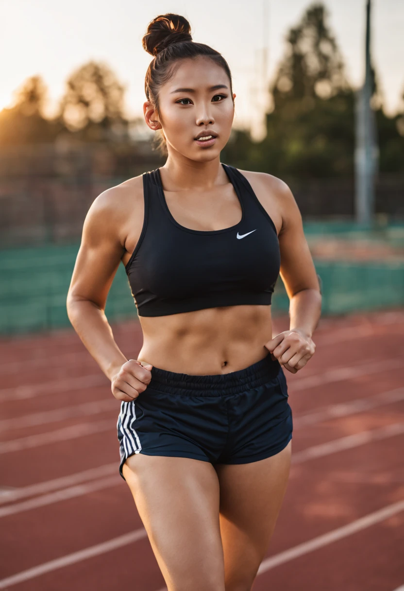 Portrait Photo a portrait, hyperdetailed full body photography, los angeles, brunette haired college student young asian girl giving a blowjob (sweaty, athletic shorts, crop top, hair bun, very accurate photo, seductive smirk, golden hour photo, outdoors, on a running track, thick thighs, toned thighs, toned abs, large breasts) sucking a man's penis