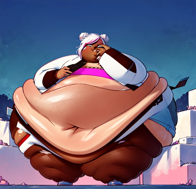 ((Dark skin)), ((dark skinned female)), ((brown skin)) ((giantess)), ((strongfat)), ssbbw, obese, ((strong arms)), ((white hair)), ((blue eyes)), ((tall)), (gentle smile), (wrestling gear), gigantic, insanely large belly, sweaty, subtle blush, (bare arms), ((gigantic biceps)), leotard, fingerless gloves, ((wrestling ring background)), clear face, large eyes, ((heavy shading on lower half of the body)), ((large bicep muscles)), ((looking down at viewer))