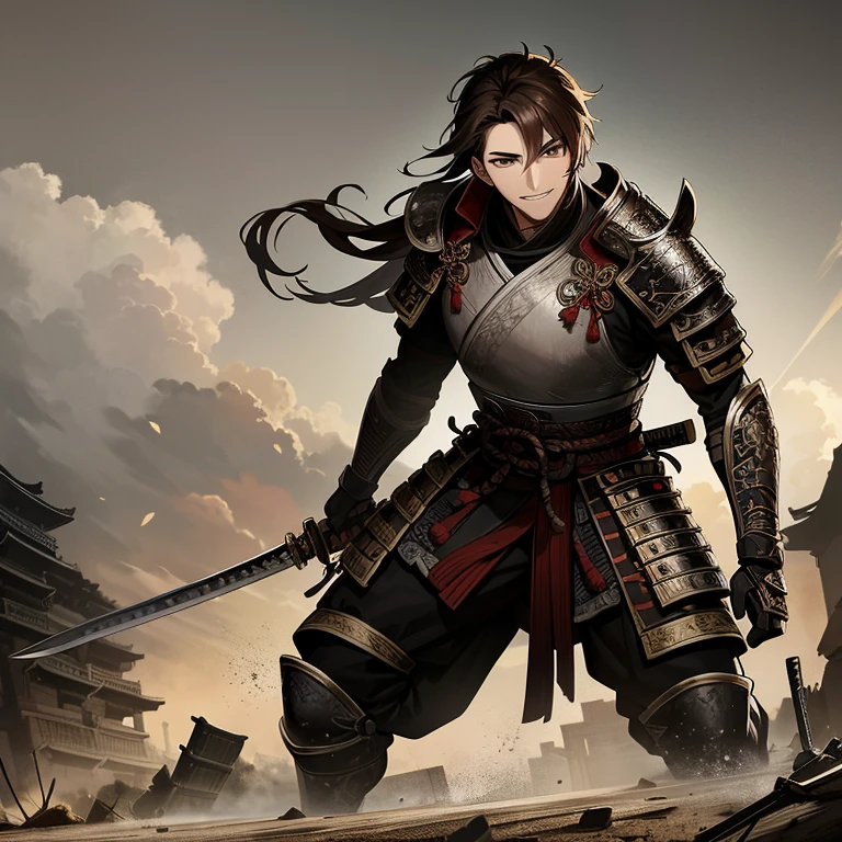 Tall male samurai with brown hair and black eyes wearing armor made of stone holding a katana in his right hand laughing menacingly in a destroyed ancient Japanese city with debris on the ground on a cloudy day