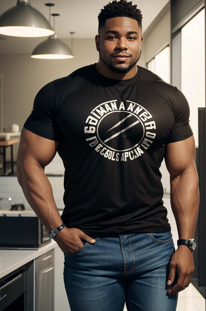 handsome and beautiful chubby African American man, medium brown skin tone, smirking with natural twisted brown hair half body shot wearing a black t-shirt and jeans