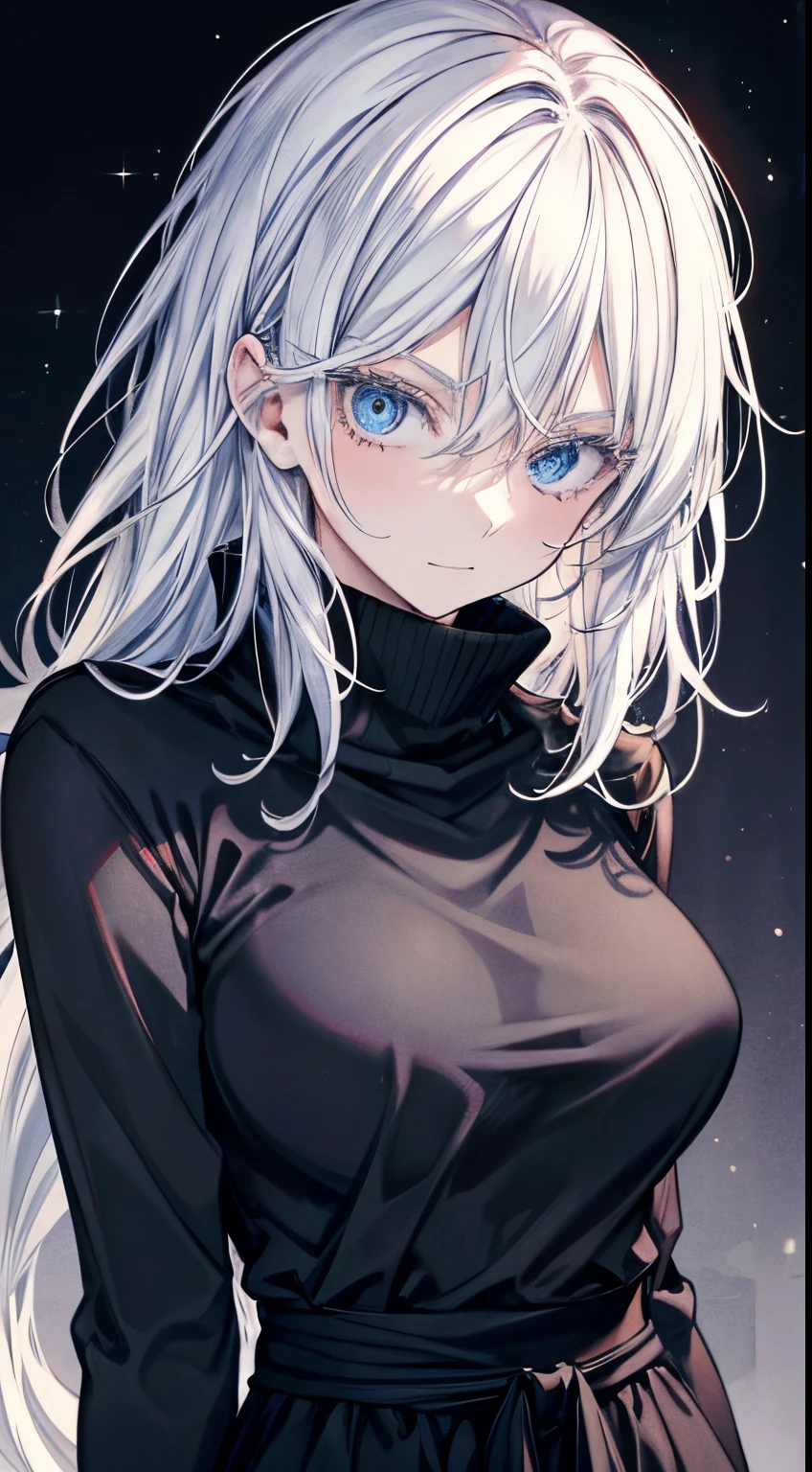 (masterpiece, best quality) mature woman, 28 years old, tall, solo, light blue eyes, white hair, white eye hair, white eyelashes, white hair, very long hair, bangs, medium hair, wavy hair, inspired by Satoru Gojo of Jujutsu kaisen, happy face, smiling, (slim body, very thin waist), (black clothes, black wool sweater), pose, (standing), looking at viewer, 16k, sharp focus, dramatic lighting, cast shadow , anime style, shine, anatomically correct, beautiful detailed face, beautiful detailed eyes, High Detail Skin, Visible Pores, sharp focus, colorful, galaxy background, focus on face, by Ratatatat74