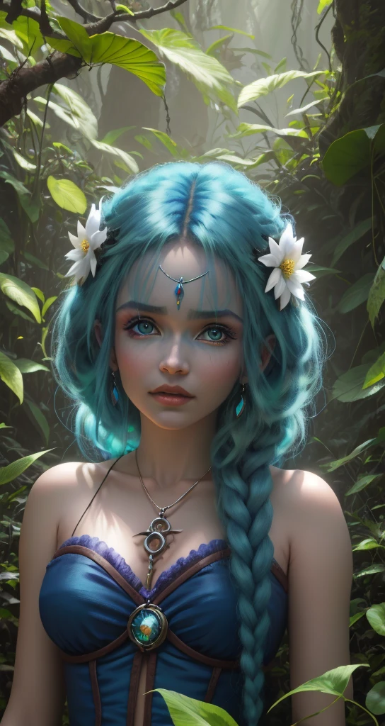 garota de cabelo azul, uma garota na floresta, fantasy movie poster, garota de cabelo azul,  garota em uma floresta ao anoitecer, por do sol, Jinx de Arcane, garota em um jardim cheio de flores