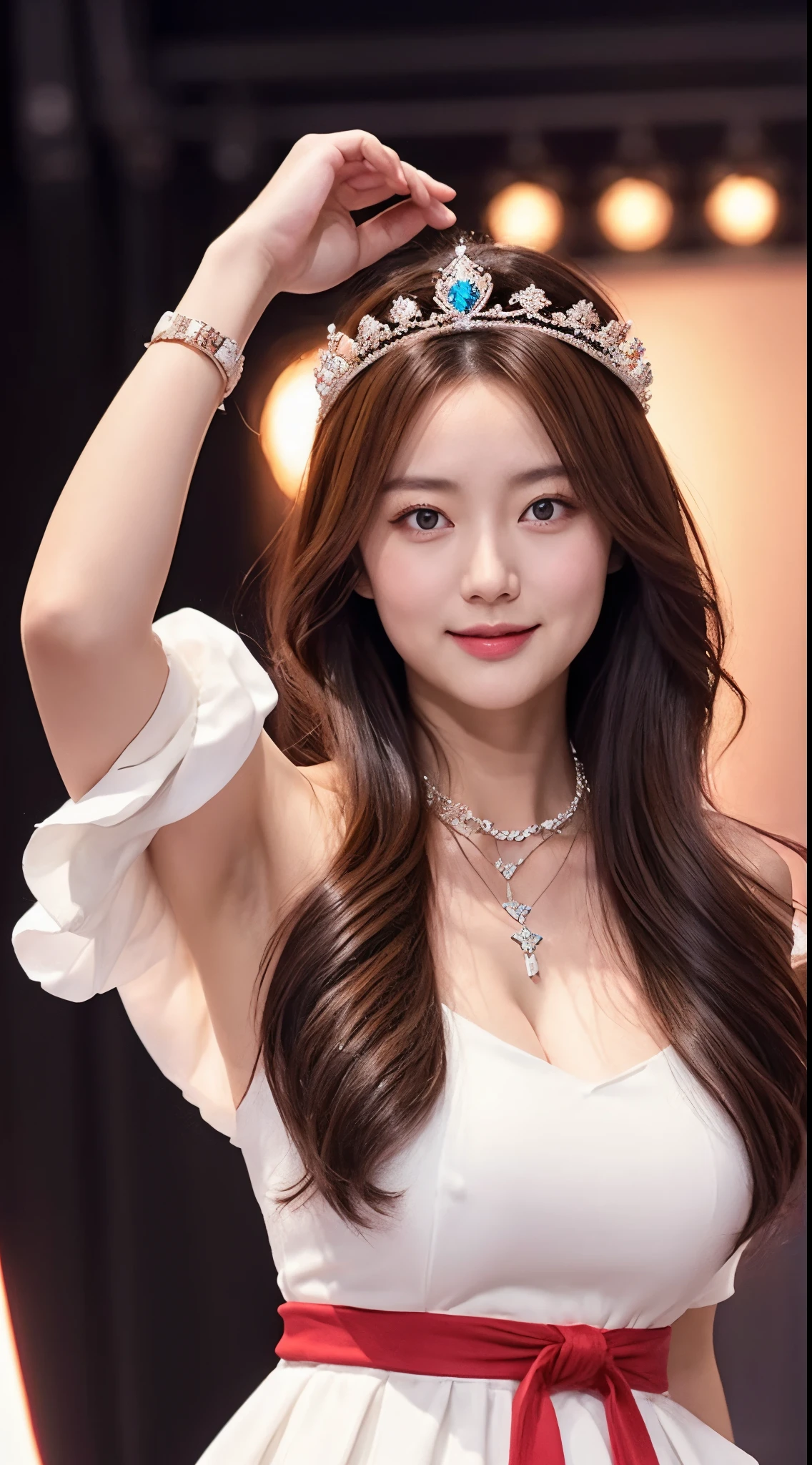 Sagasawa Fumika, 1个Giant Breast Girl, Alone, Wrist watch, Pendant watches, eBlue eyes, , mitts, tiara crown, a skirt, long whitr hair, Chopping, looking at viewert, whitegloves, of shoulders, with her mouth open, , No shoulder strap, Collar, Be red in the face, White dress, brunette color hair, Brown hair, hair between eye, Off-the-shoulder dress, 鎖骨, ssmile, By bangs, be on stage,