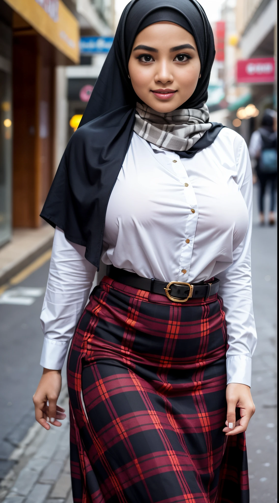 RAW, (Best quality, high resolution, masterpiece: 1.3, beautiful Malay woman in hijab: 0.8),((big breast)), (Close up),beutiful face, perfect body, big gorgeous eyes, smiling,wearing woman in a plaid shirt turkneck and long black skirt walking down a street, hijab, lovely woman, handsome girl, traditional beauty, white hijab, with beautiful exotic, malaysian, very beautiful girl, background blur