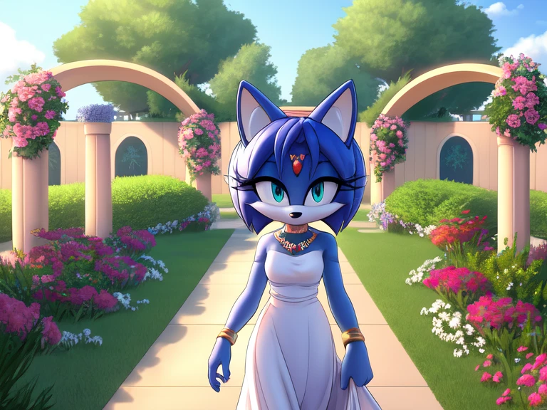 Krystal The Fox, Blue Fox, Blue Skin, Fox Tail, Beautiful, Short Hair, Jewelry, White Dress, Long Dress, Night, Stars, Looking at Viewer, walking, 2D illustration. A Background of a Roman pillars of a garden and flowery and colorful background arches with colorful gardens and trees, near to a gazebo, upper body, close up.