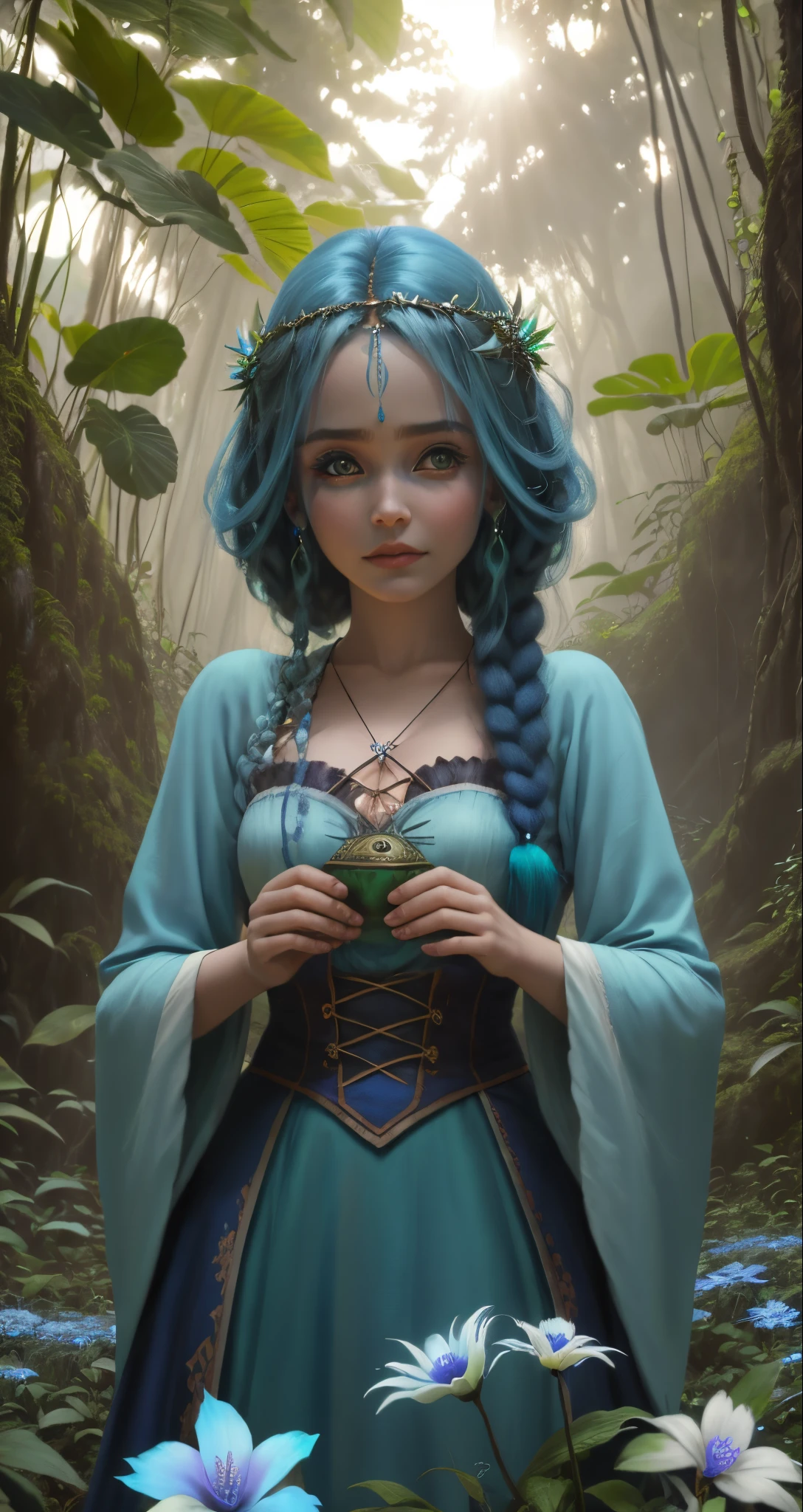 garota de cabelo azul, uma garota na floresta, fantasy movie poster, garota de cabelo azul,  garota em uma floresta ao anoitecer, por do sol, Jinx de Arcane, garota em um jardim cheio de flores