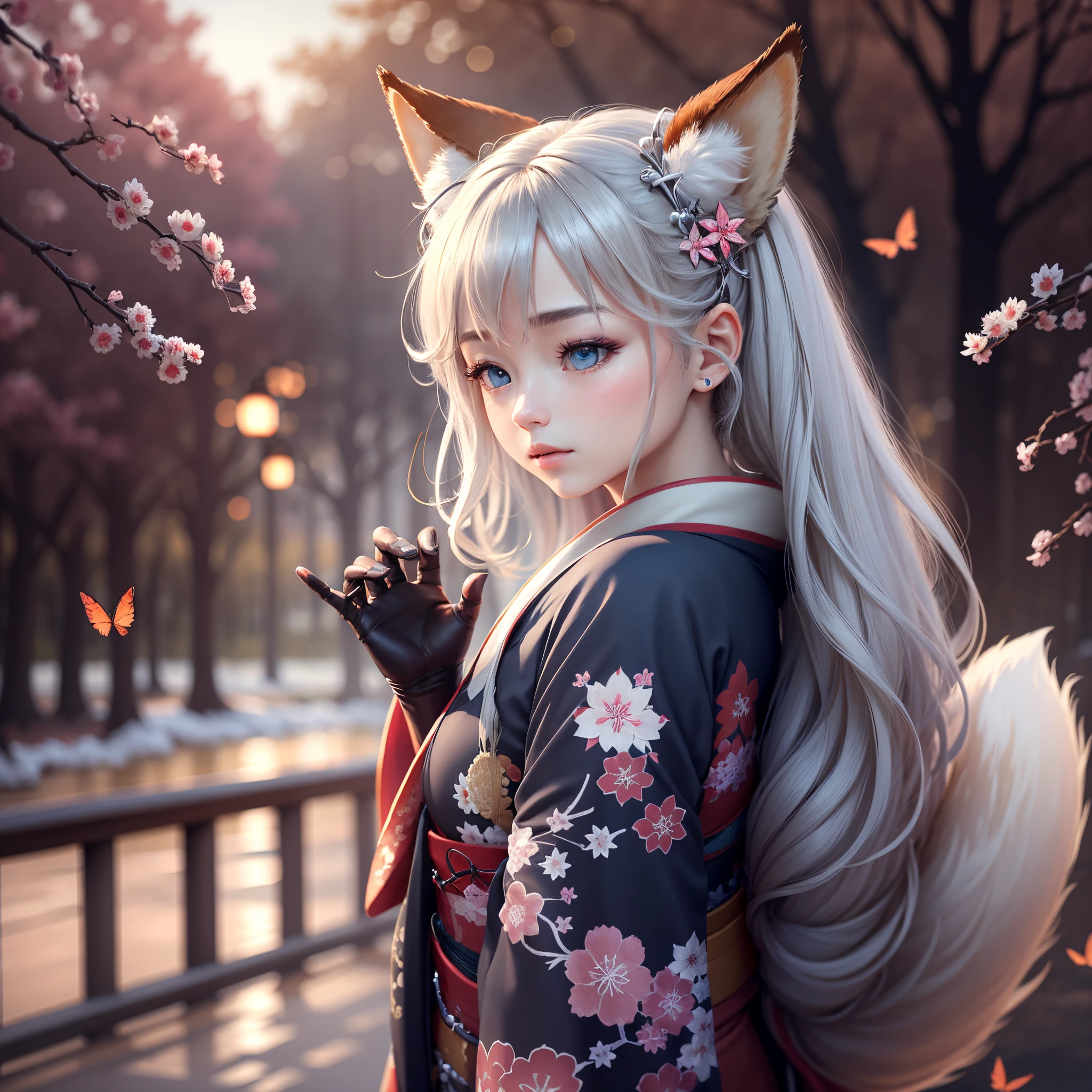 (highly detailed CG unity 16k wallpaper:1.1), (noise reduction strength:1.45), (t masterpiece:1.37), original, (very fine and beautiful), (perfect details), (unity CG 8k wallpaper:1.05), (beautiful crisp background:1.25), (one pretty girl (2 fox ears:0.9) with (fox tail on back:1.2) standing by the river:1.15). (pretty type:1.3), (detailed beautiful eyes:1.retty face:1.3), silver hair, silver ears, (pink hair:0.7), (pink ears:0.7), long hair, (Japanese Kimono:1.25), (wind blown hair:1.1), (blue eyes:1.1), ( Small Girl:1.1), Fluttering Butterfly, (Moonlight:0.6), Tree, (Summer-oriented), (Nighttime:1.2), (Gloves:0.8), Solo, (Illustrative), (Depth of Field:0.7), (Close-up :0.35), God Rays, Spark, Glowing Light, (Mastepiece)  Translated with .DeepL.com/Translator (free version) --auto --s2
