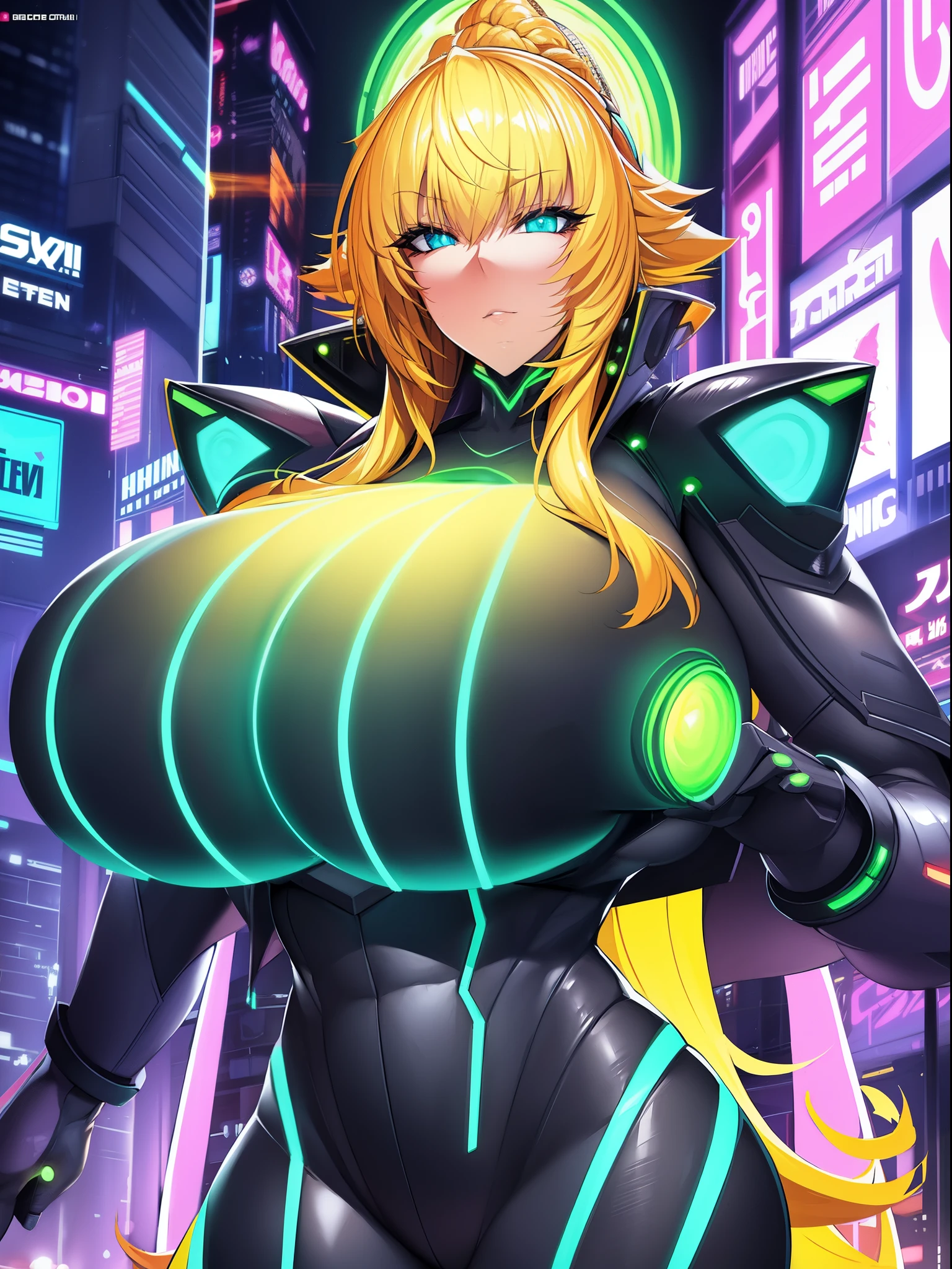 digital painting of yellow haired woman，Cyberpunk Art，Josan Gonzalli Hans Contest Winner，afro futurism，synthetic wave，Neon light，Glowing neon lights，((Huge breasts :1.5))ｖ