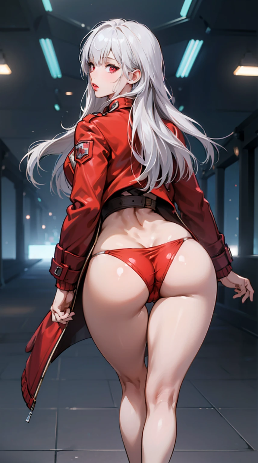 (best quality:1.2, absurdres),4kres, (masterpiece:1.4), ultra detailed, 1girl, mature female, silver hair, red eyes, intricate details, gorgeous girl, stunning looks, detailed eyes and detailed face, red lips, (short red jacket and black thong ), very long hair, bangs, side locks, shiny skin, soft volumetric lighting, cinematic lighting, anatomically correct, full body,((thick thighs:1.3 , wide hips, slim waist, curvy figure, thigh gap, perfect body, huge ass )), cameltoe, perfect anatomically correct hands , dynamic pose, (artstation:1.2), (from behind:1.2), kunaboto