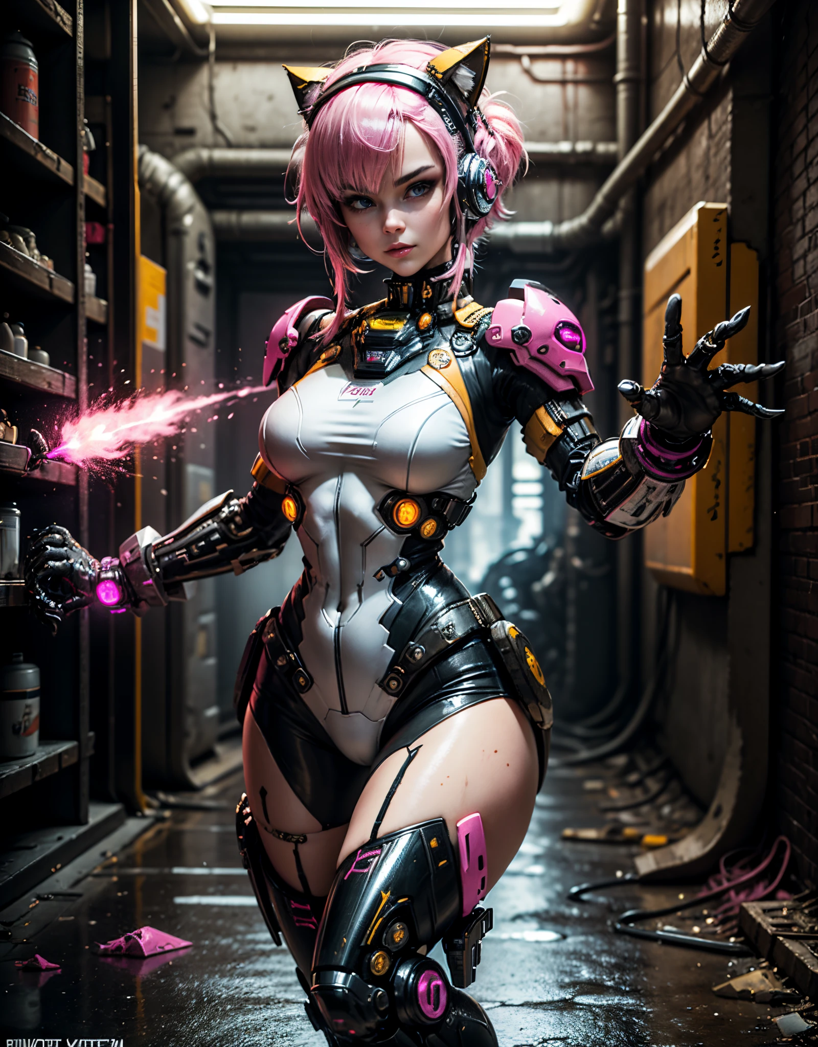“Earmspiece in maximum resolution of 16K, with the unique style of Brock Hofer, inspired by the surreal and biomechanical aesthetics of H.R. Giger. | In a terrifying cyberpunk scenario, a stunning 30-year-old woman wears a white mecha_musume outfit, adorned with pink and yellow accents, and cybernetic boots. Her compassionate eyes meet those of the viewer, a graceful smile lighting up her face, while a cat-ear headphone adorns her head. Short pink hair, an imposing fringe over her right eye, and two pigtails complete her look. Amidst a repugnant sewer, filled with dirty water, mud, and deteriorating concrete structures, she personifies cybernetic terror with a peculiar elegance. | The camera is positioned next to the character, revealing impressive details as she adopts a dynamic pose, interacting with the grim environment. Dynamic inclinations and recoils add life to the composition. | ((perfect_pose)), She is adopting a ((dynamic_pose as interacts, boldly confronting the environment in a dynamic way):1.3), ((full body)), (hands_with_5_fingers), (perfect_hands), (perfect_fingers), (perfect_legs), better_hands, More Detail”.