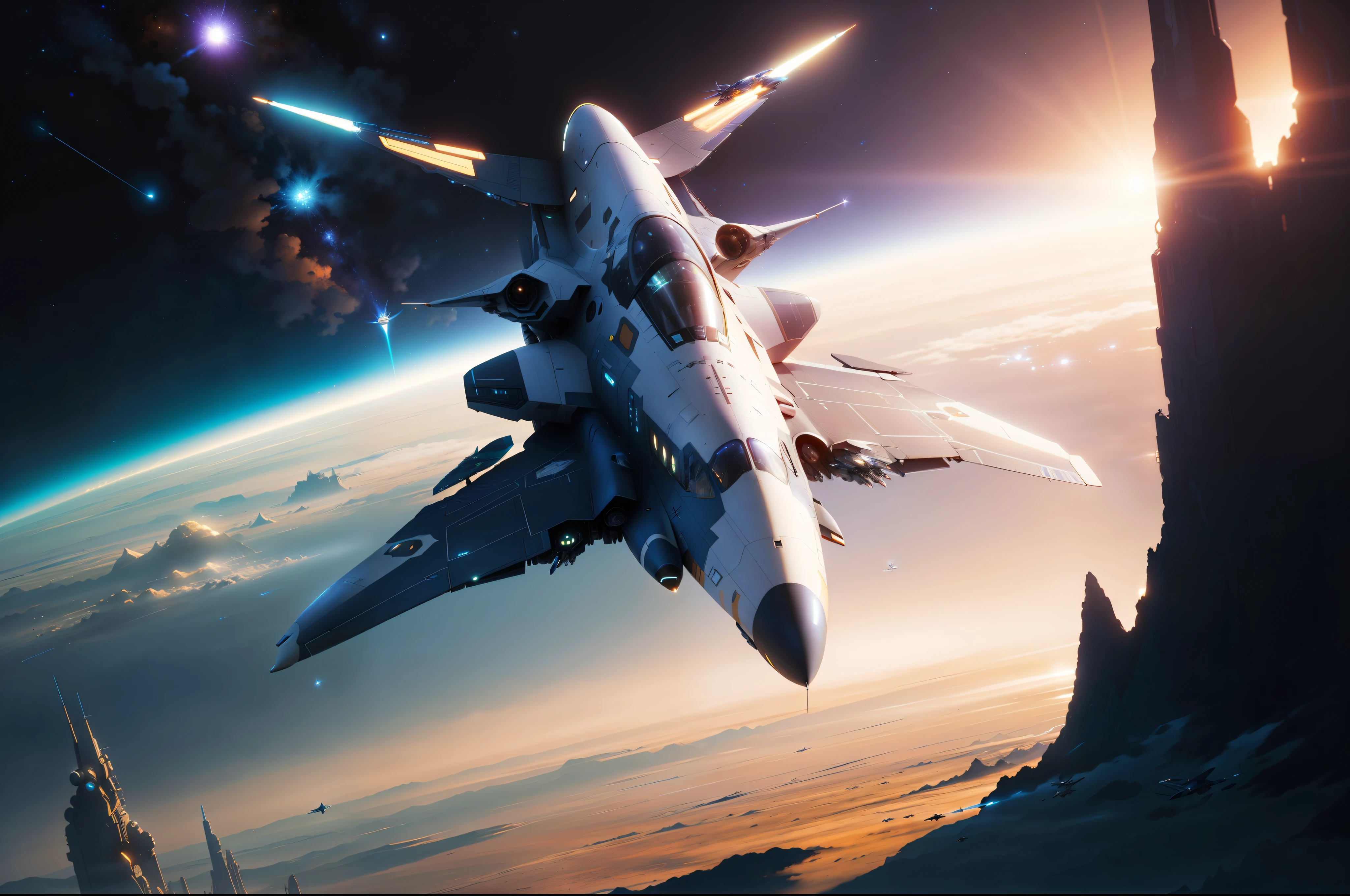 spaceship flying over a planet with a star in the background, macross, macross franchise, bastien grivet, valkyrie fighter jet, style of macross, star citizen digital art, beeple and tim hildebrandt, inspired by Craig Mullins, in the art style of filip hodas, spaceship flies in the distance, beautiful sci fi art