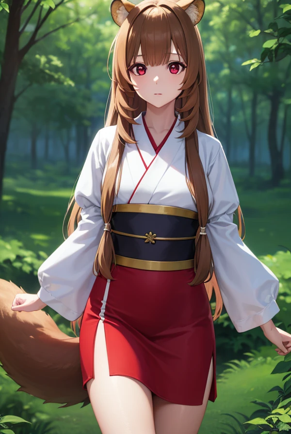 Raphtalia, Raphtalia, Animal ears, Brown hair, Long hair, raccoon ears, a racoon girl, racoon tail, (Red Eyes:1.5), tail,
，Kimono with white，kimono，Furisode，long red skirt，Long sleeves, Puffy sleeves, Short dress,
BREAK looking at viewer,
BREAK outdoors, forest, Nature, Sun, skyporn, (Cowboy Shot:1.5),
BREAK (masutepiece:1.2), Best Quality, High resolution, Unity 8k壁纸, (Illustration:0.8), (Beautiful detailed eyes:1.6), extra detailed face, Perfect Lighting, extremely details CG, (Perfect hands, Perfect Anatomy),